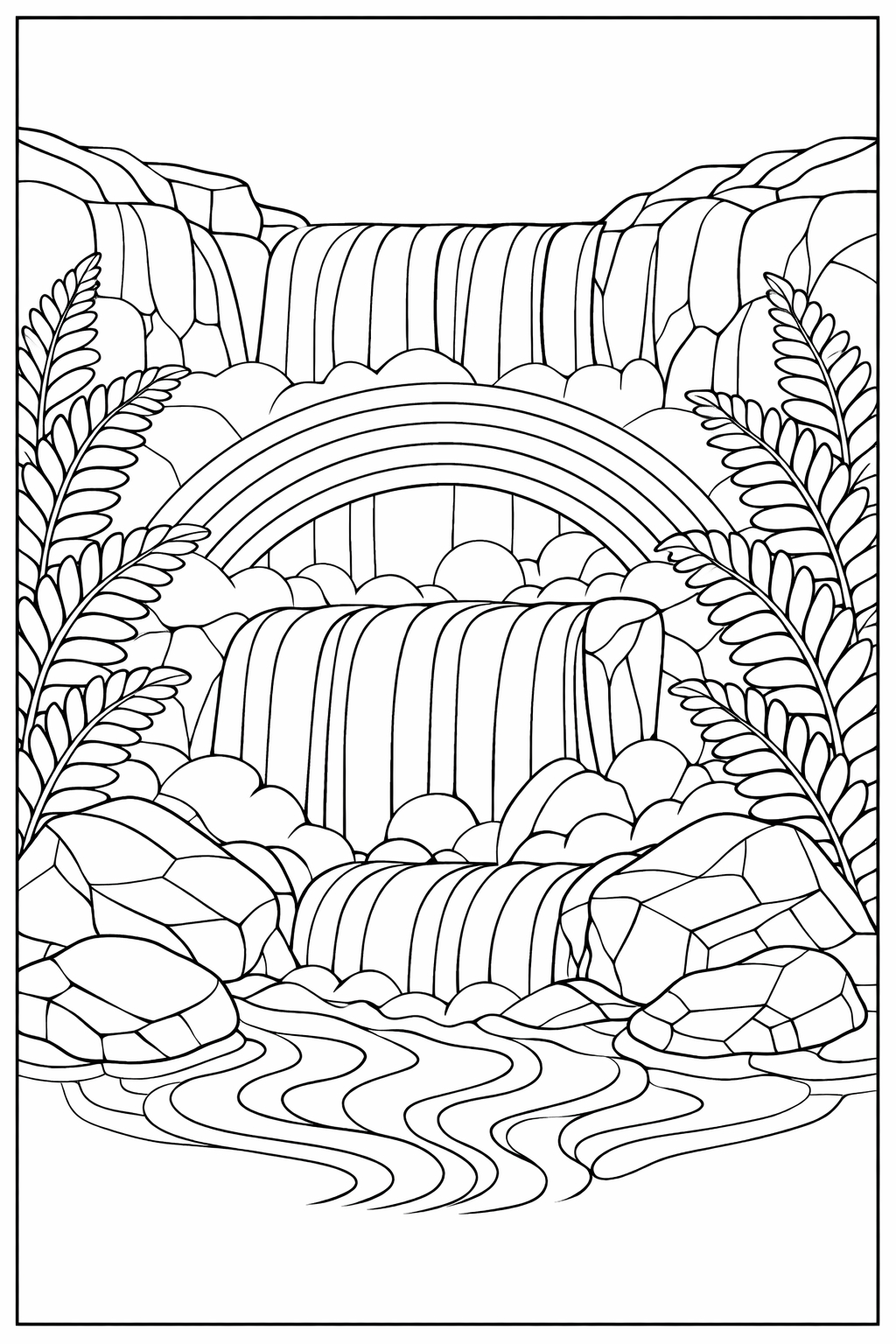 rainbow coloring pages for adults, a detailed cascading waterfall framed by ferns and rocks, with a rainbow arching through the mist