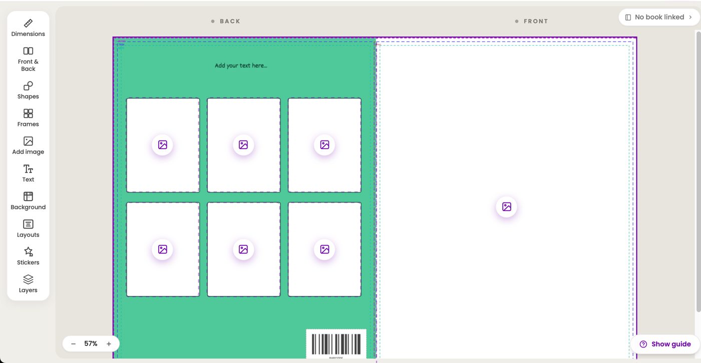 The Mint Kids template in the Colorin AI cover creator, with one large frame on the front and six frames on the back