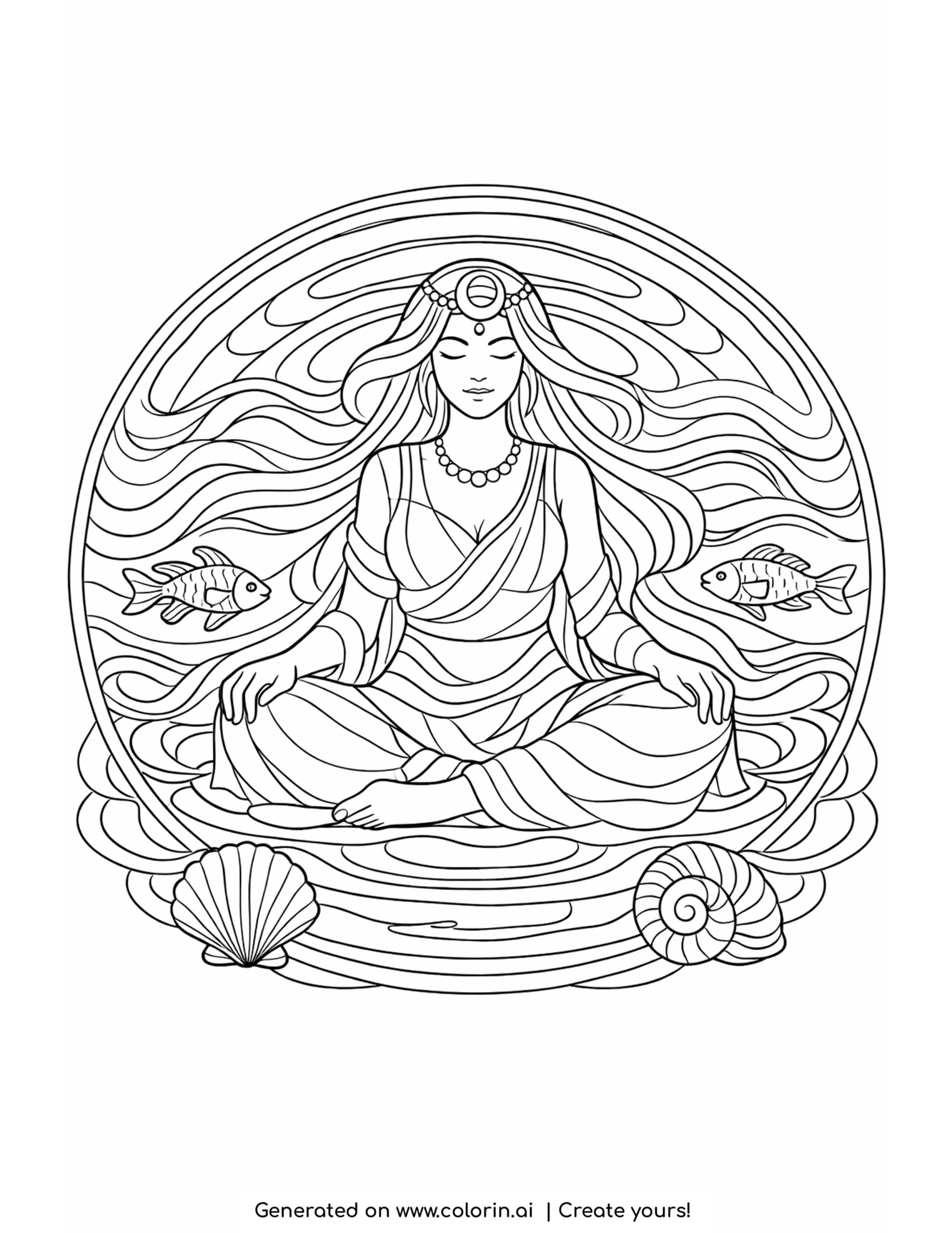 goddess meditating among tide pools coloring page with fish and seashell details