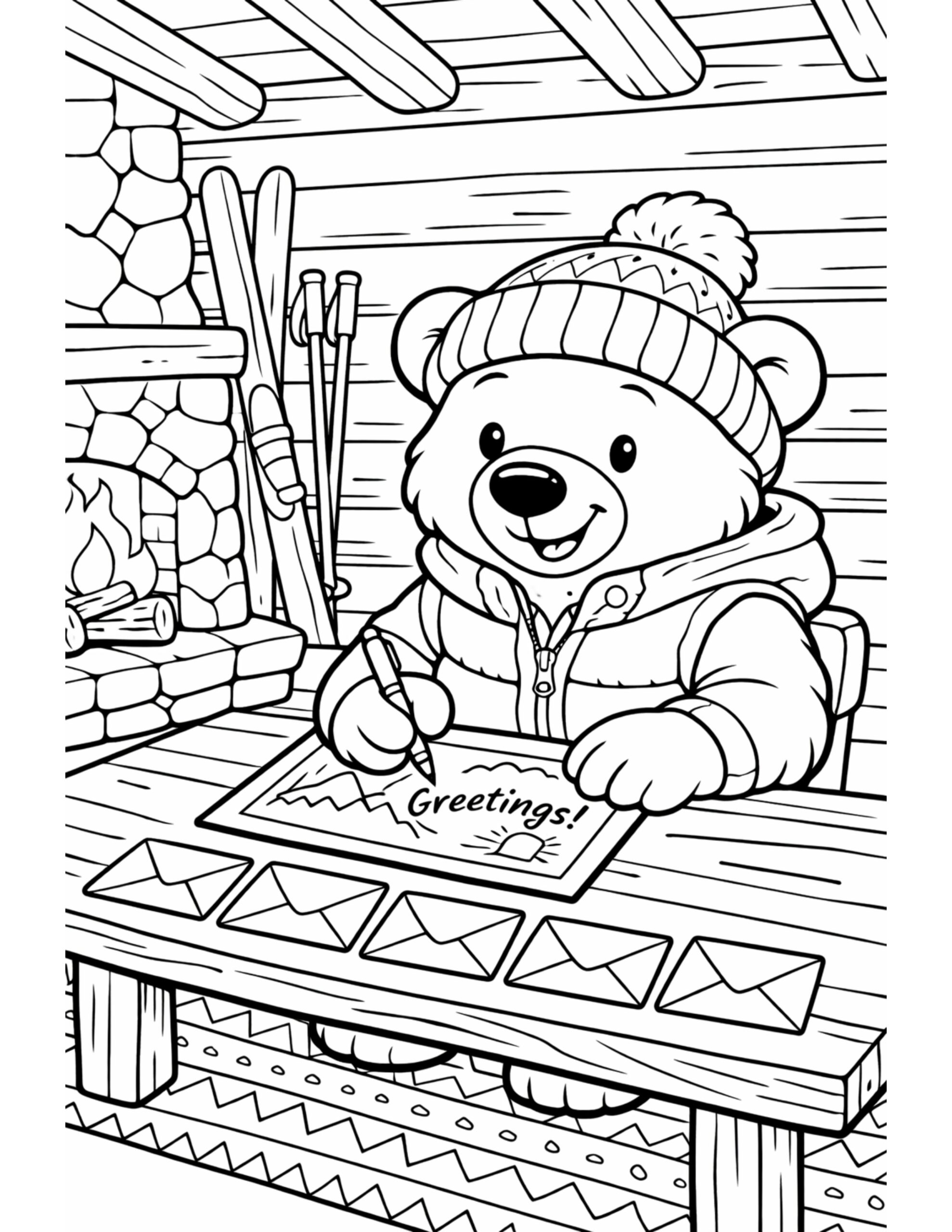 bear writing greeting cards coloring page with a cozy cabin fireplace, skis, envelopes, and a winter hat coloring page