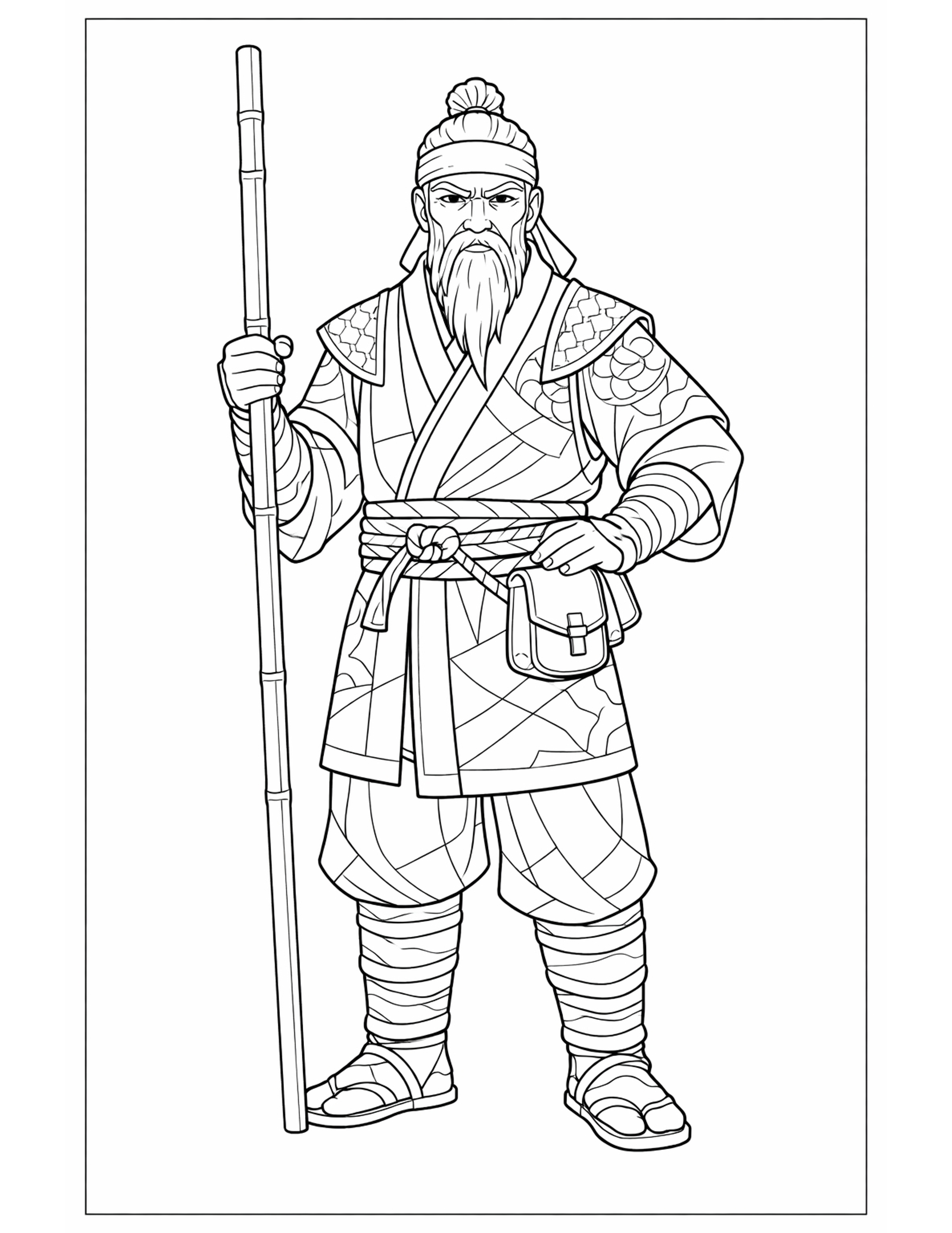 ninja master coloring pages - older ninja master standing with a long bamboo staff, a beard and a patterned robe