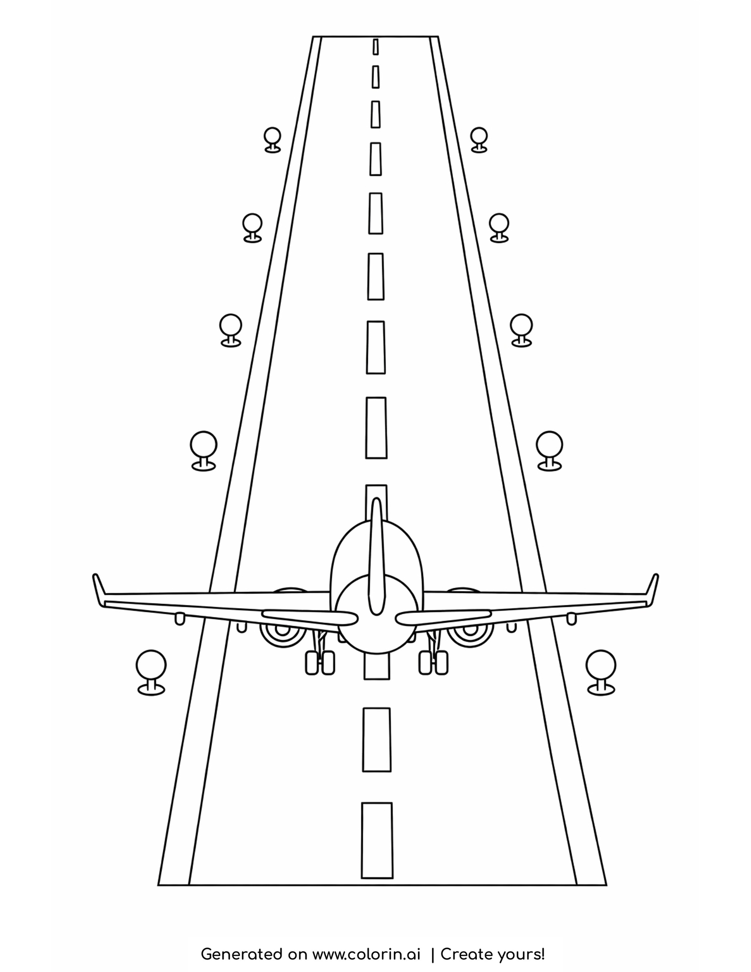 runway coloring pages — runway running away in perspective with edge lights and an airplane touching down