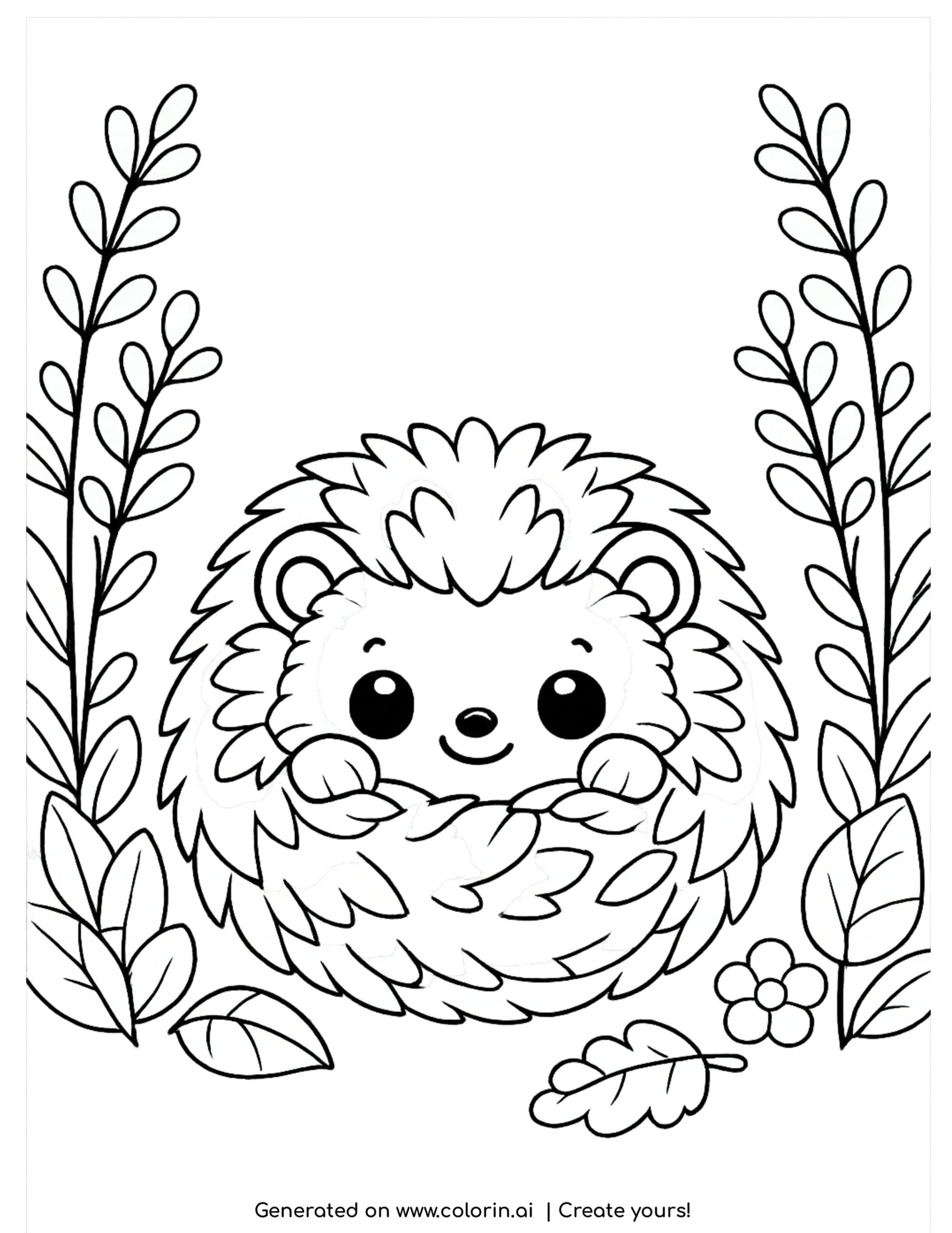 cute hedgehog coloring pages, a kawaii hedgehog curled into a ball among leaves