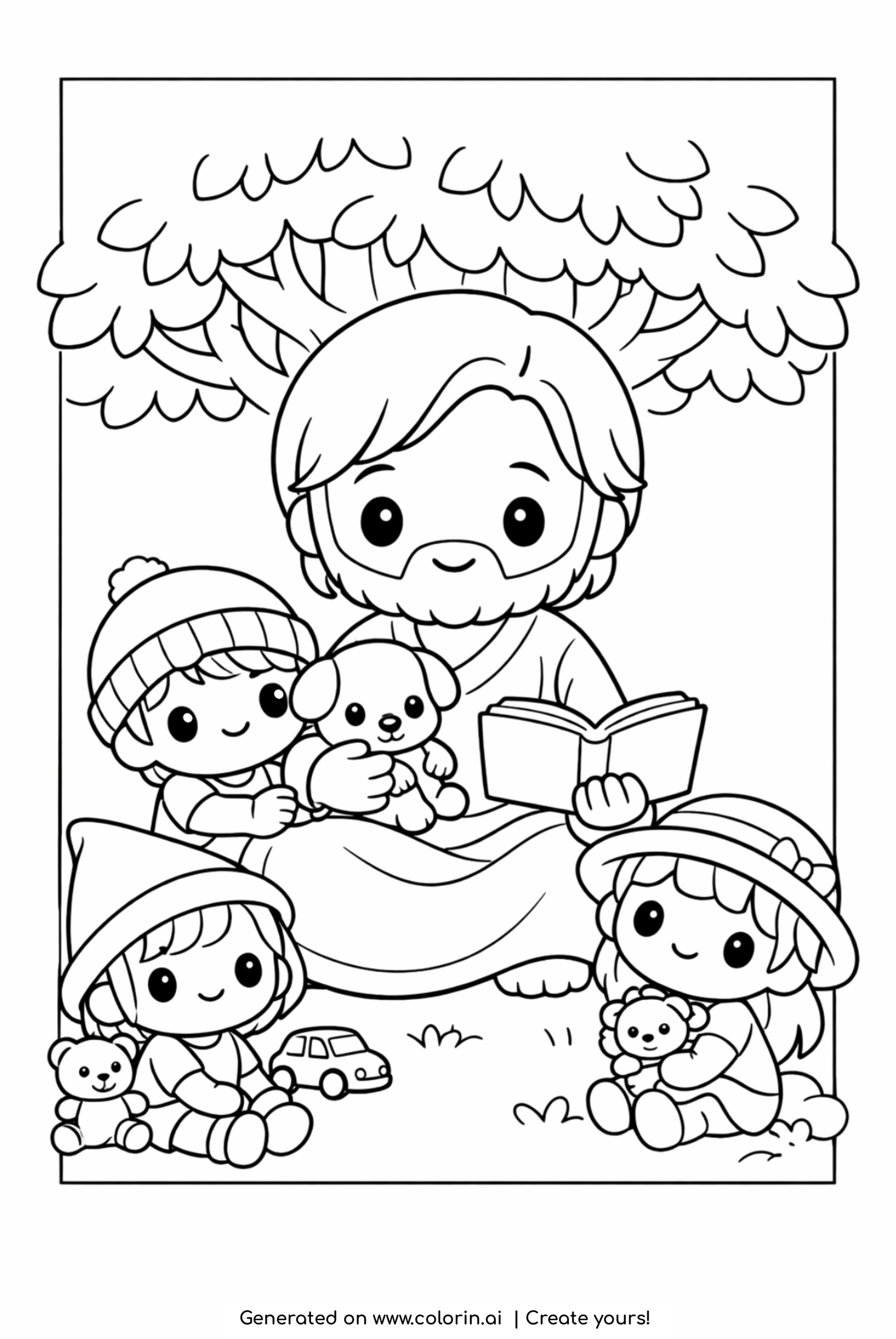 bible coloring pages for kids, kind Jesus reading a book to cute children under a tree with a puppy and toys