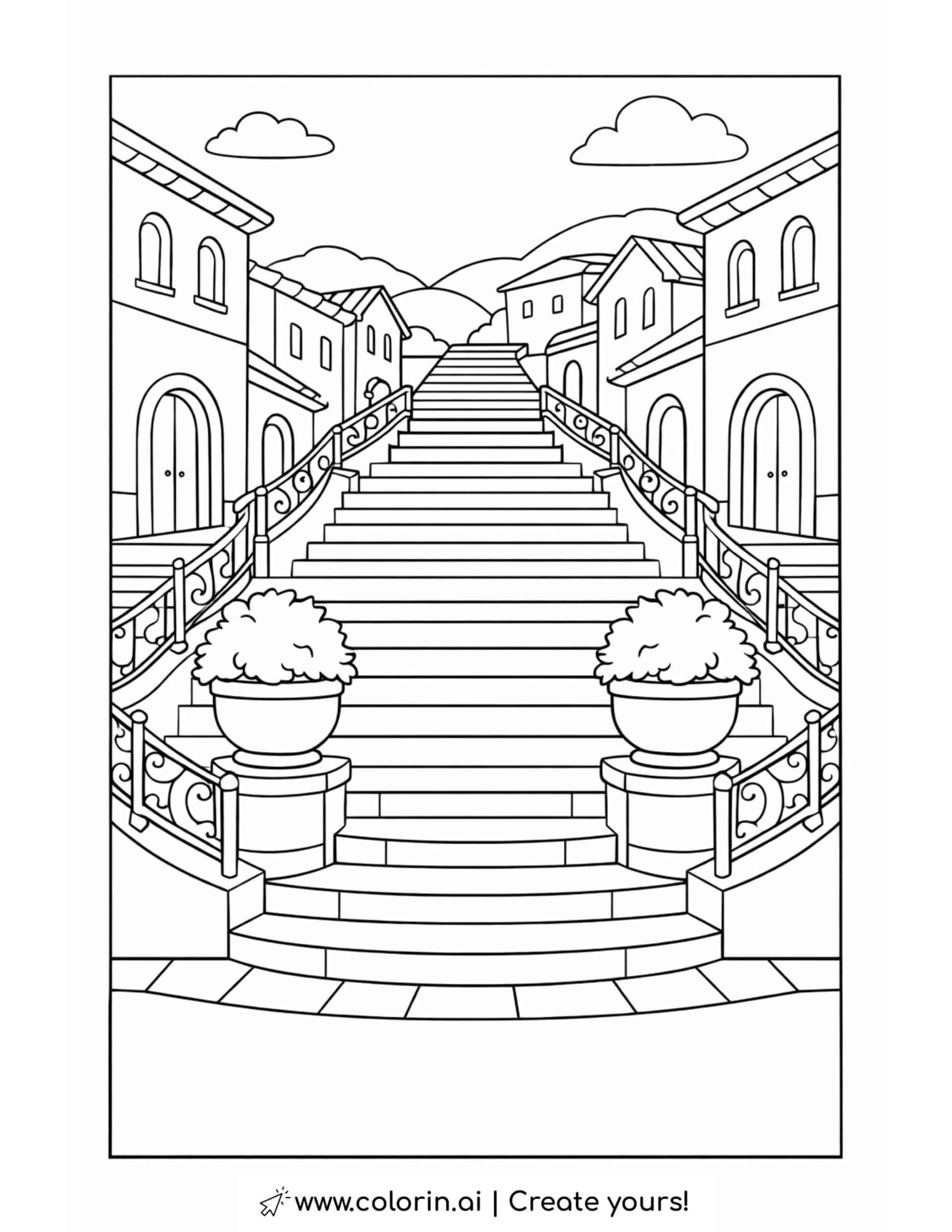 hillside street with central staircase coloring page featuring houses and decorative railings coloring page