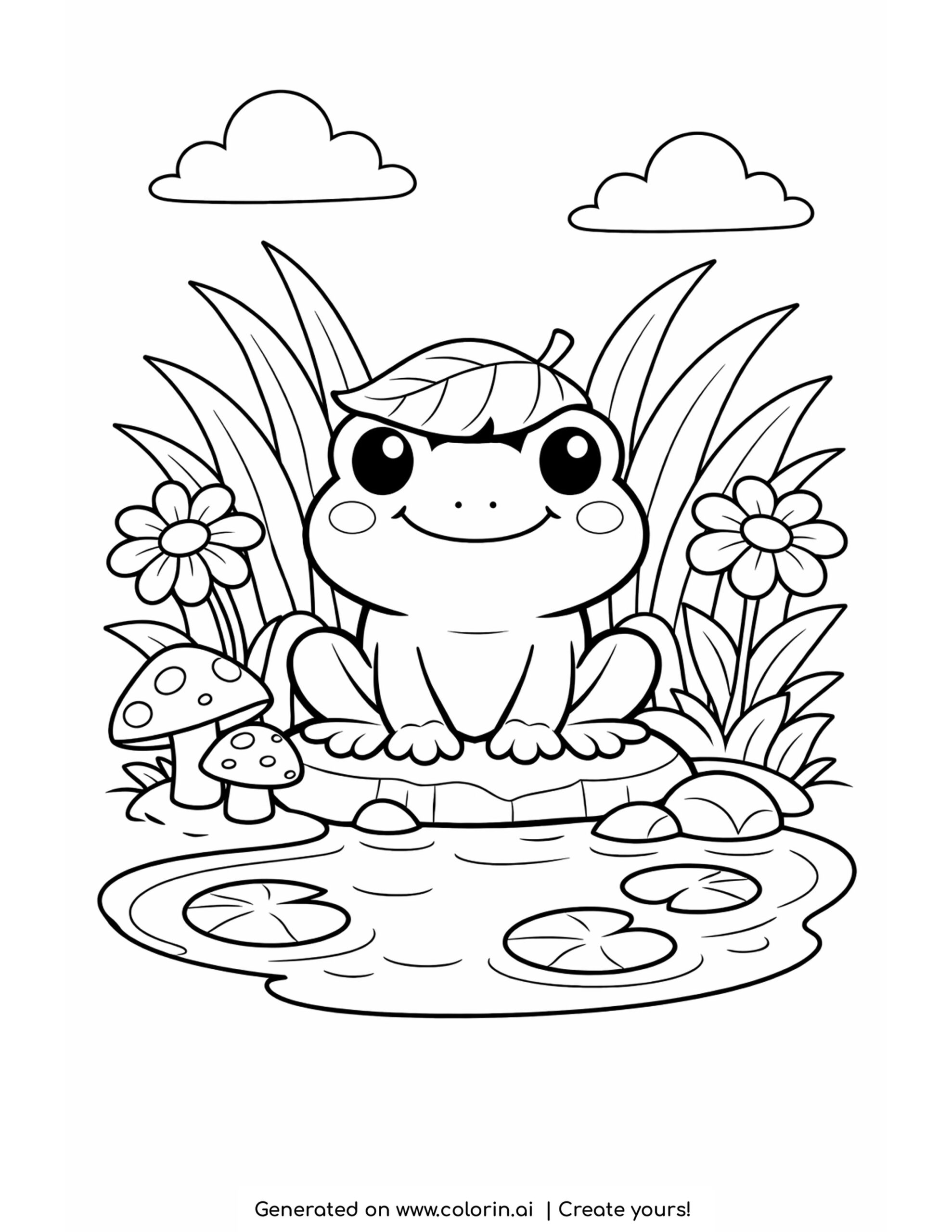 frog sitting by pond with lily pads coloring page with flowers grass and mushrooms illustration coloring page