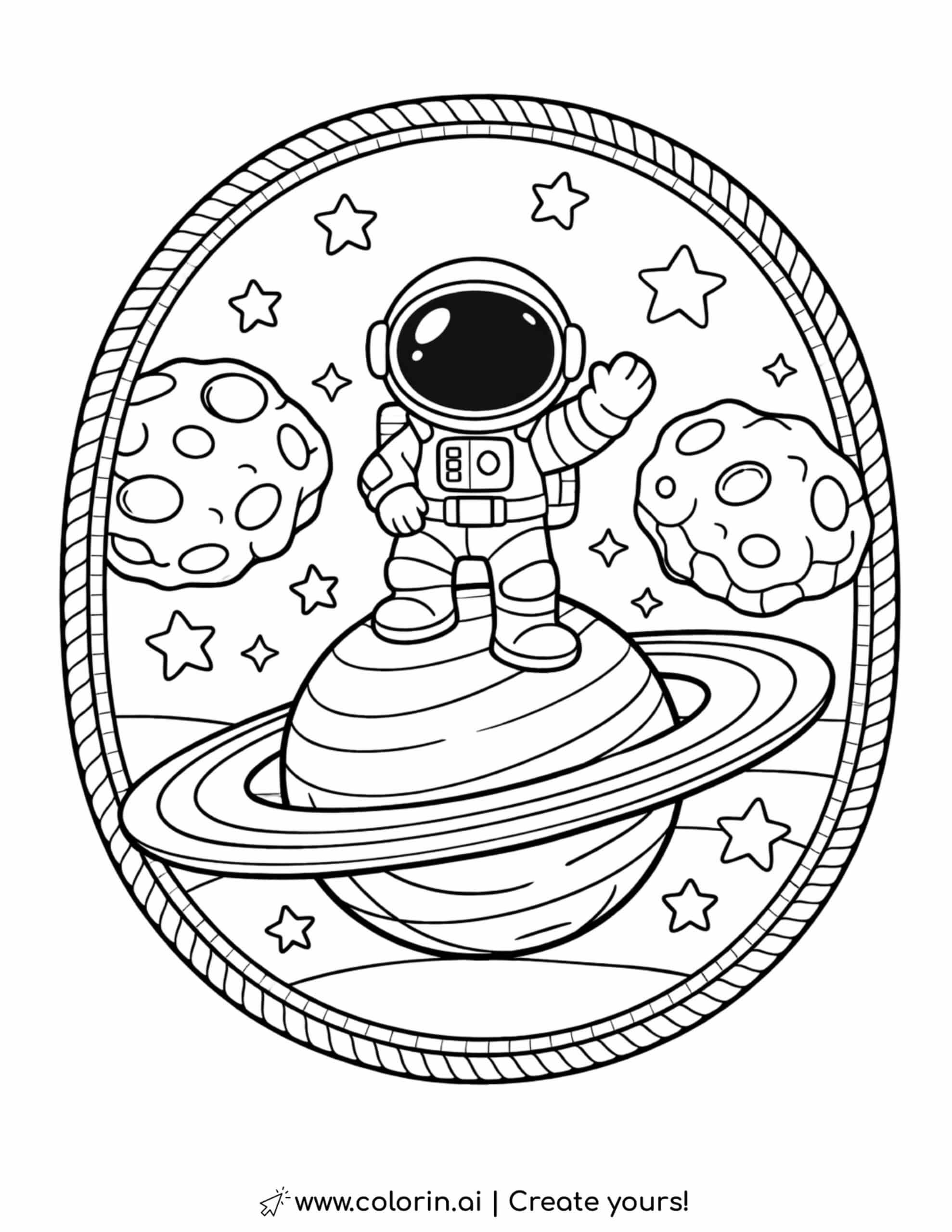 astronaut standing on ringed planet with asteroids coloring page