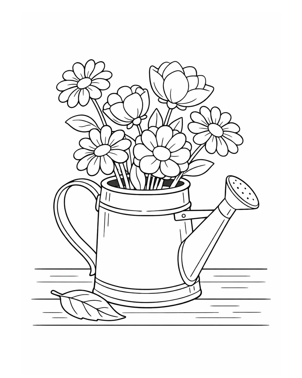 Coloring page of a garden watering can with a bouquet, wide shapes and an empty background, easy difficulty