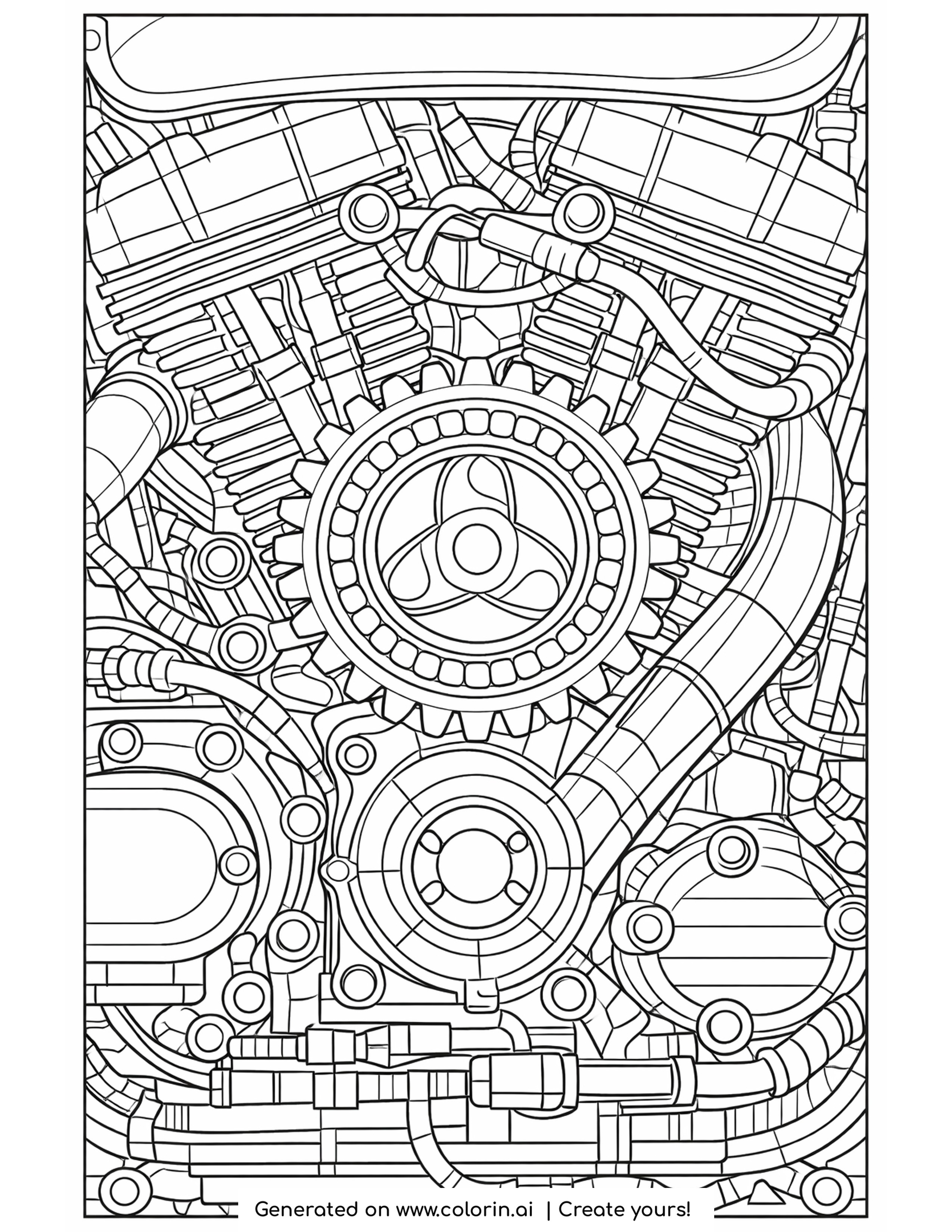 motorcycle engine coloring pages - close view of a motorcycle engine with cooling fins, pipes, bolts and cables