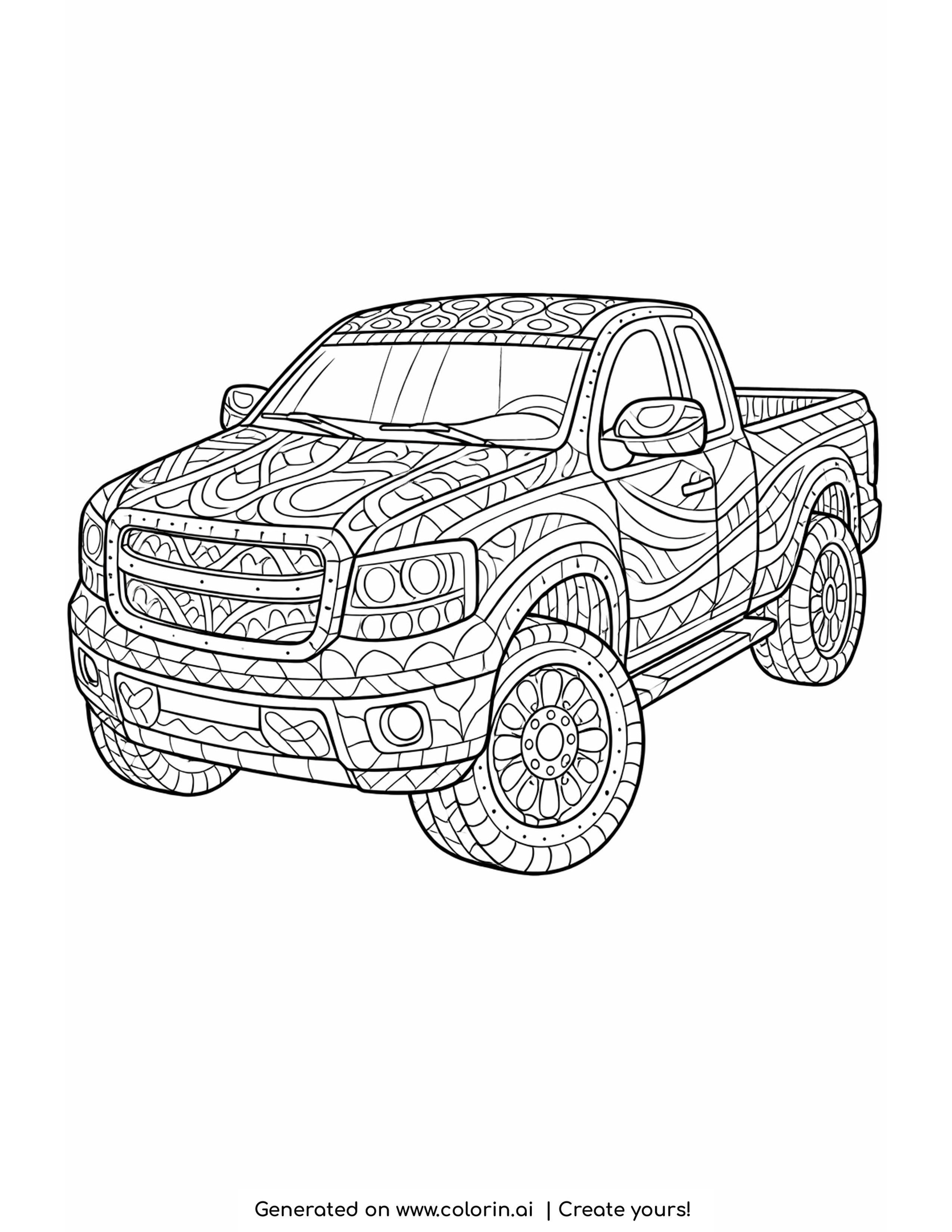 patterned pickup truck coloring pages: a zentangle pickup covered in flowing patterns with flower shaped rims