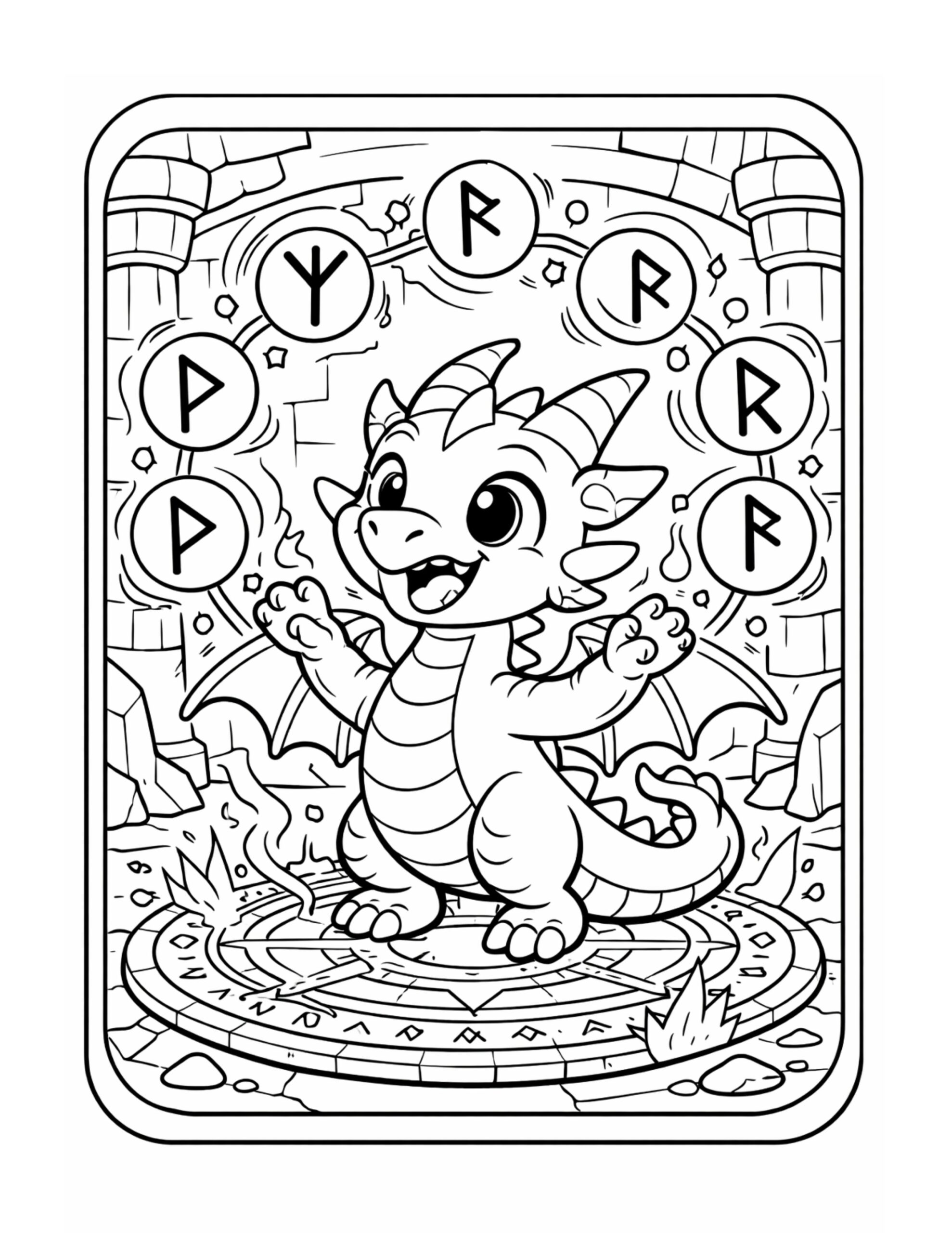 dragon casting a rune spell coloring page with floating rune symbols around a magic circle coloring page