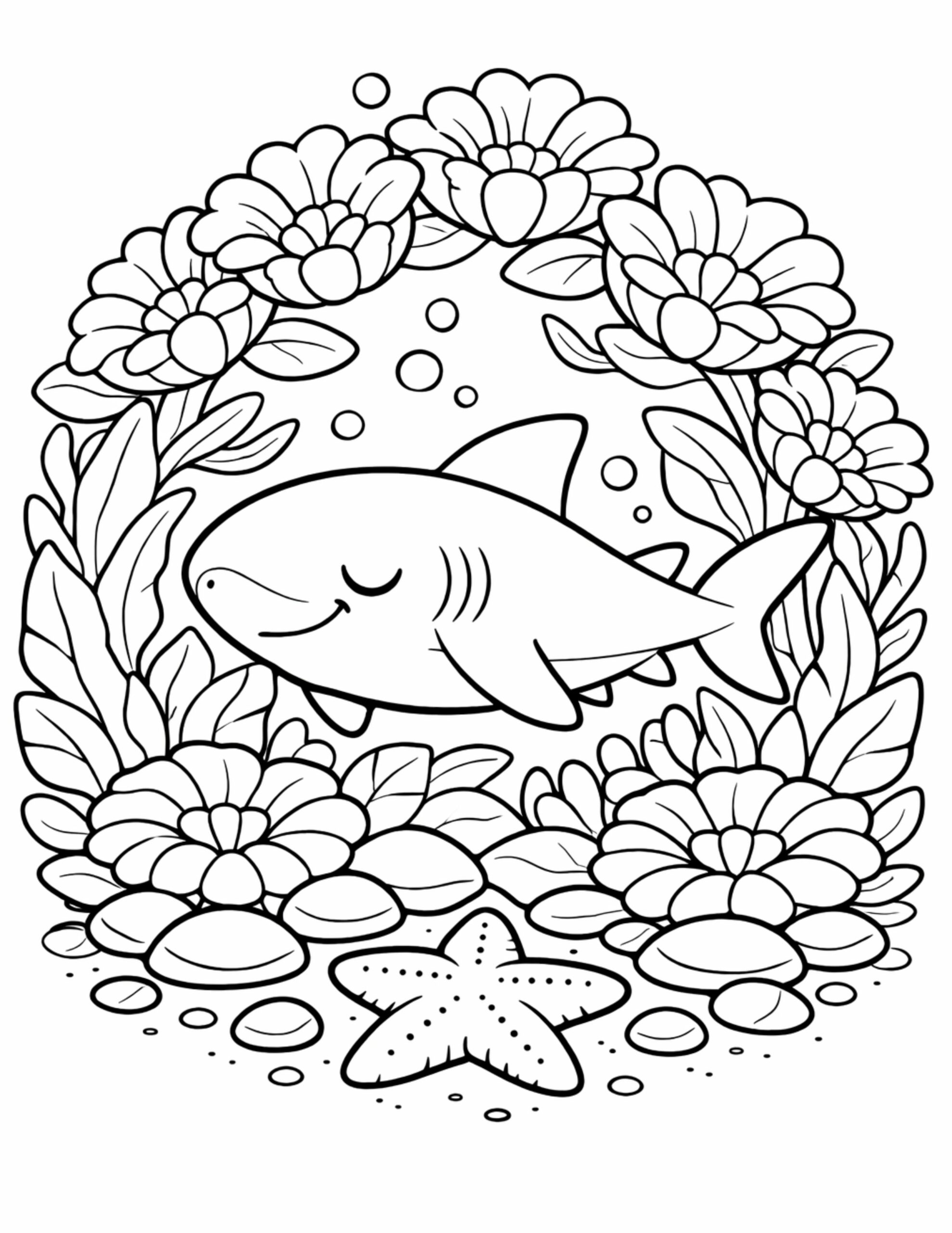 sleeping shark in flower garden coloring page with starfish, pebbles, and bubbles