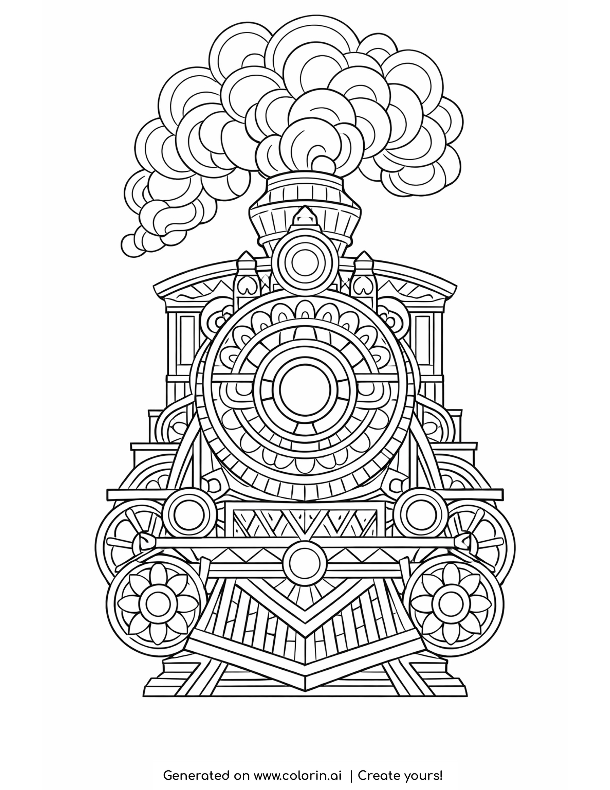 patterned train coloring pages: a head on steam engine with a mandala smokebox door, flower wheels and ringed smoke