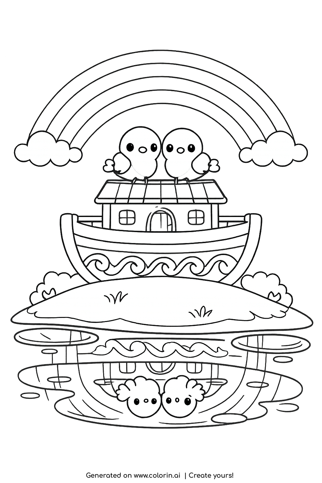 bible story coloring pages, Noah's ark with two birds under a full rainbow mirrored in calm water