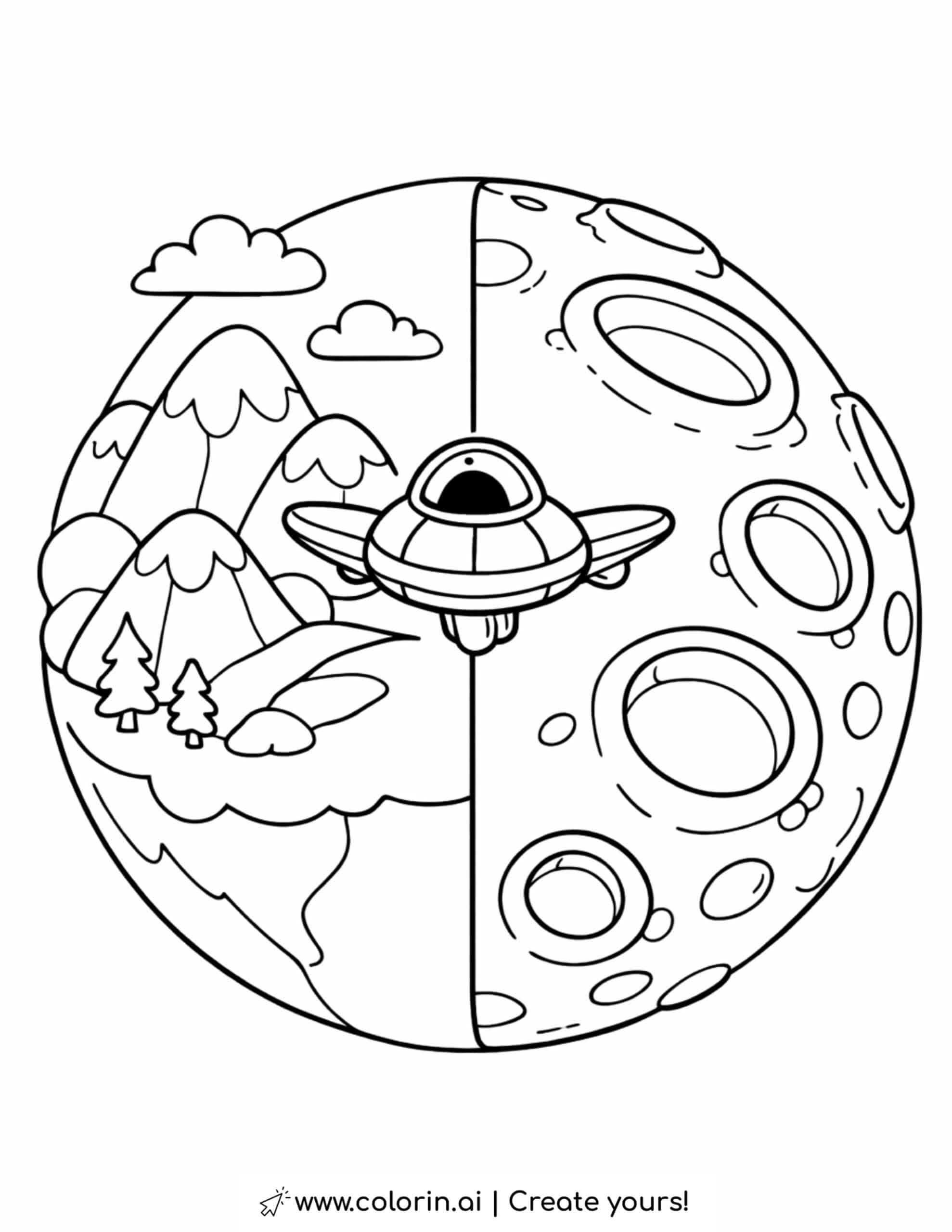 planet divided into mountain landscape and crater moon with UFO coloring page