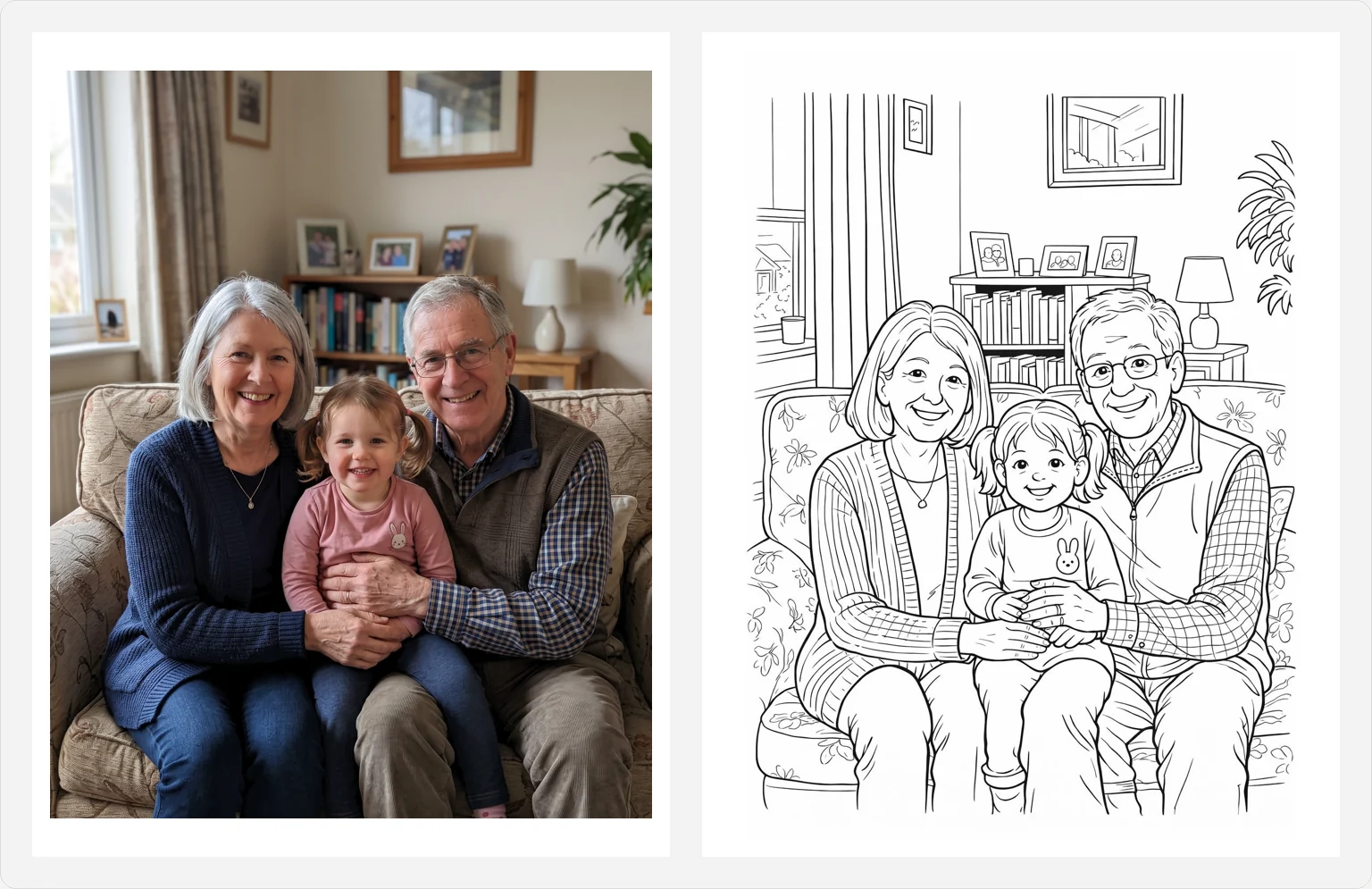 A photo of grandparents with a young girl on a sofa on the left, and the coloring page made from it on the right, with the three faces and the living room drawn