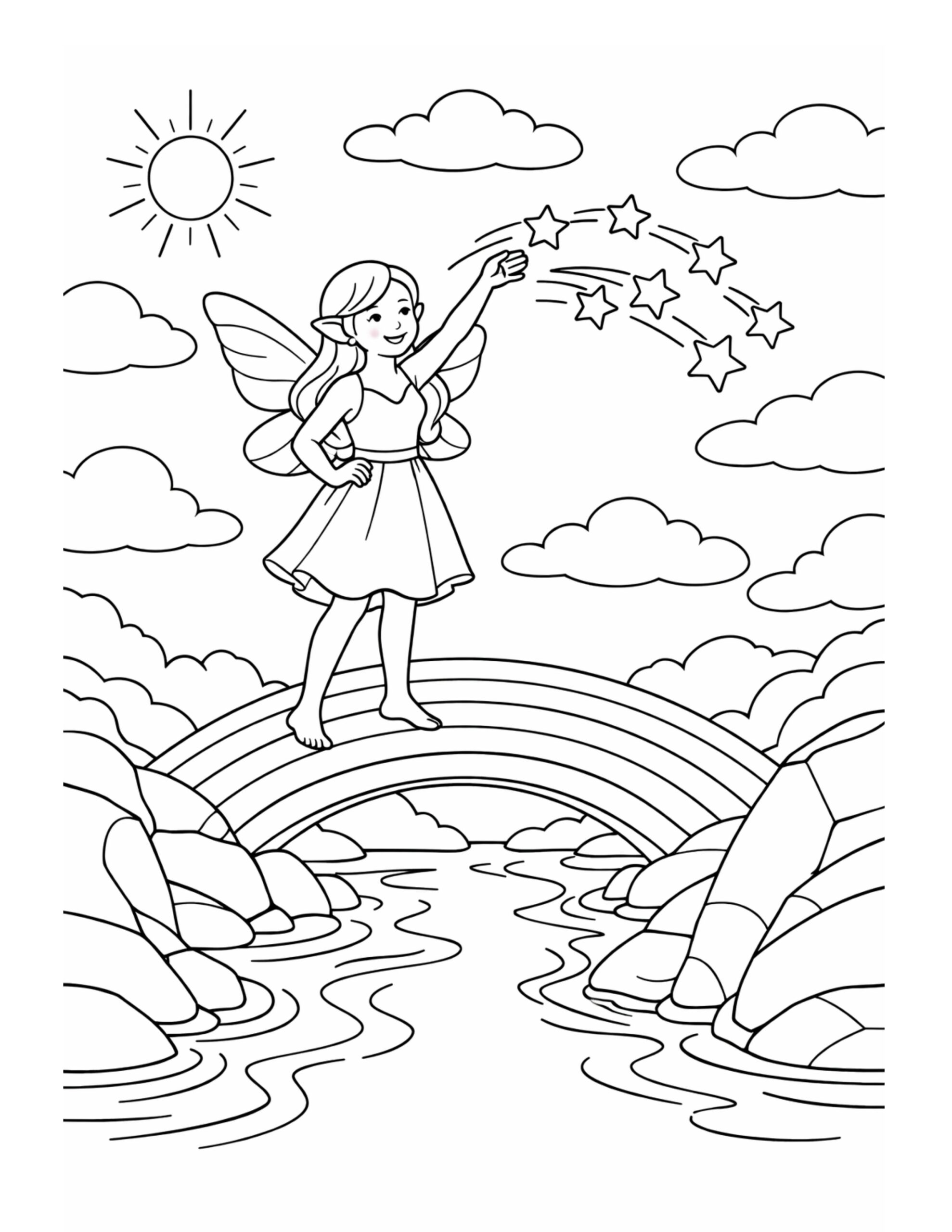 fairy standing on a rainbow coloring page with clouds stars and a smiling fairy