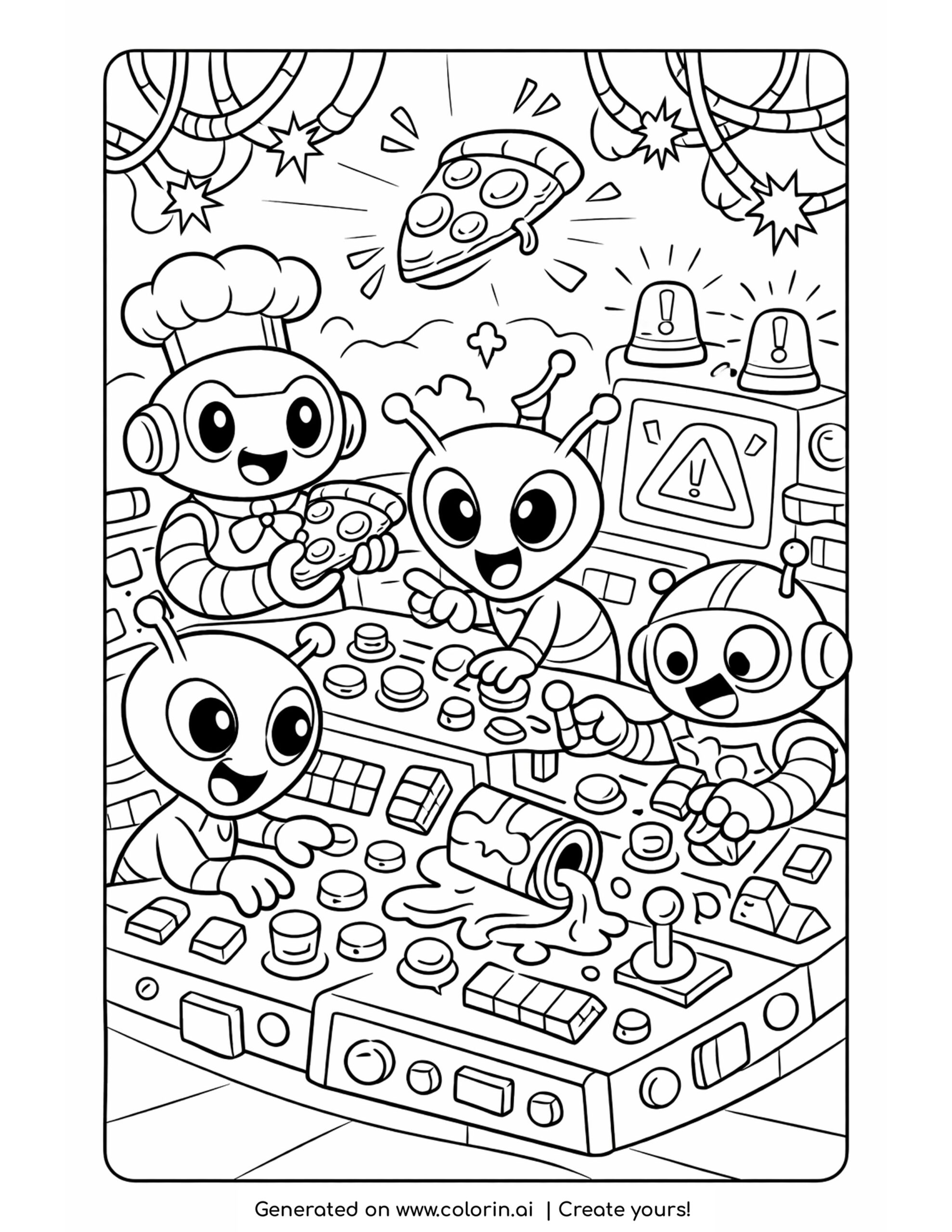 funny alien coloring pages, aliens and robots panicking at a spaceship control panel with a flying pizza and flashing warning lights