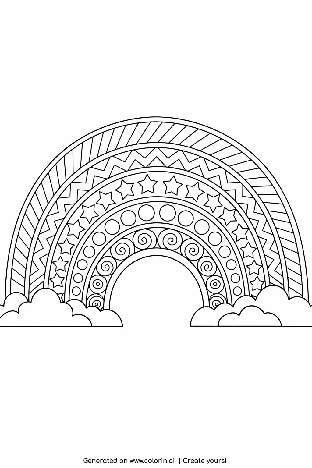 rainbow coloring pages for adults, a large rainbow arch with each band filled by a different repeating decorative pattern