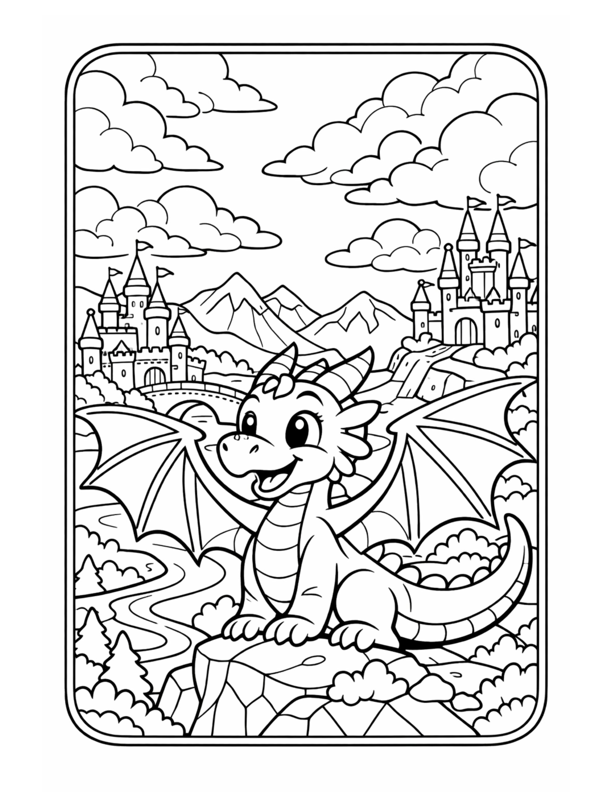 dragon sitting above castle valley coloring page, cute dragon on a rock with castles and mountains, coloring page