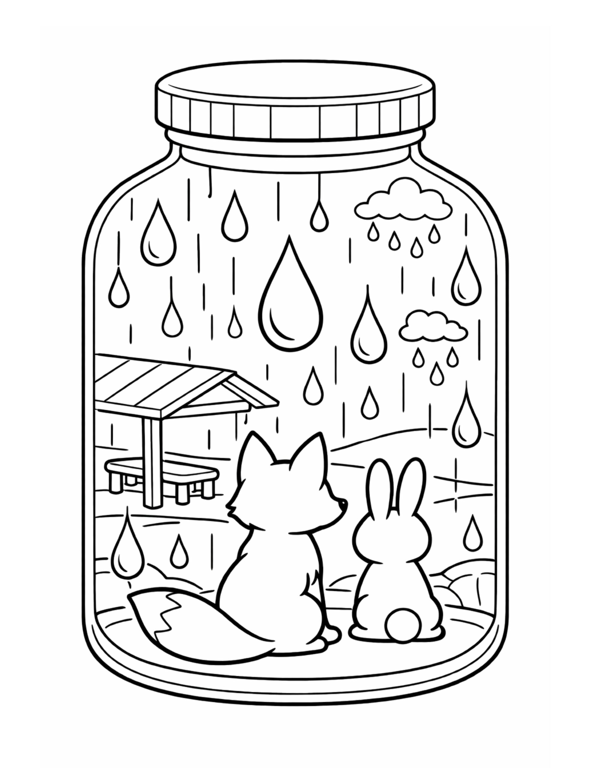 fox and bunny watching rain coloring page inside a glass jar with raindrops, clouds, and a small shelter coloring page