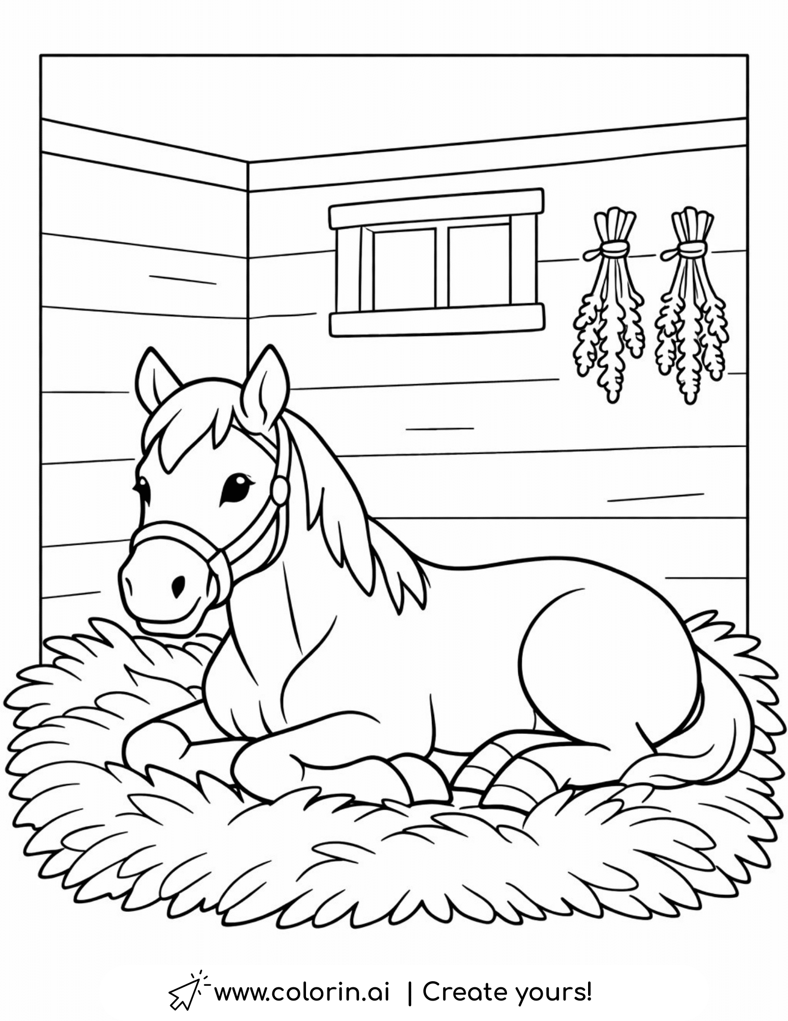 horse resting on hay in stable coloring page with wooden walls and herbs coloring page