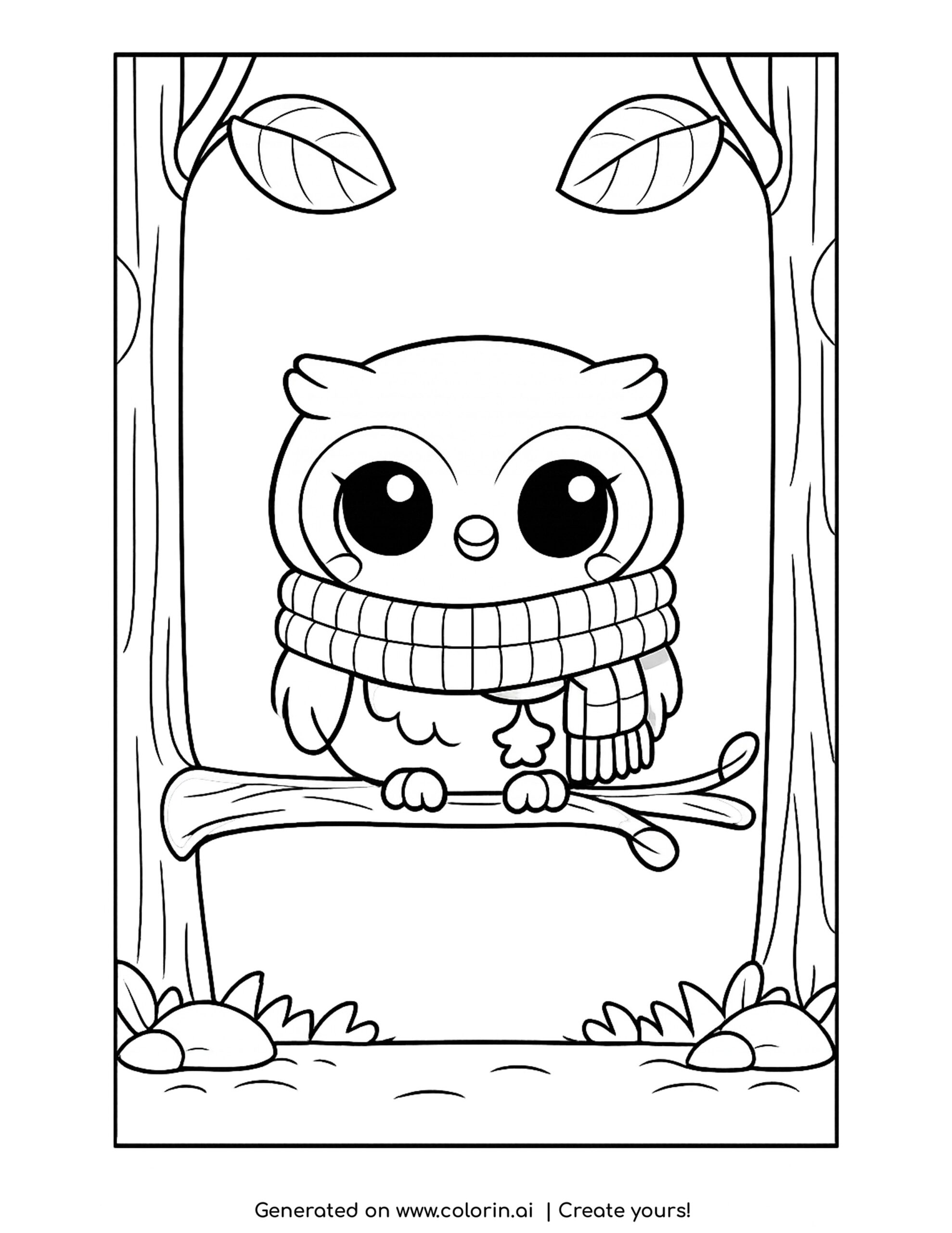 owl coloring pages, a kawaii owl wearing a tiny scarf on a branch