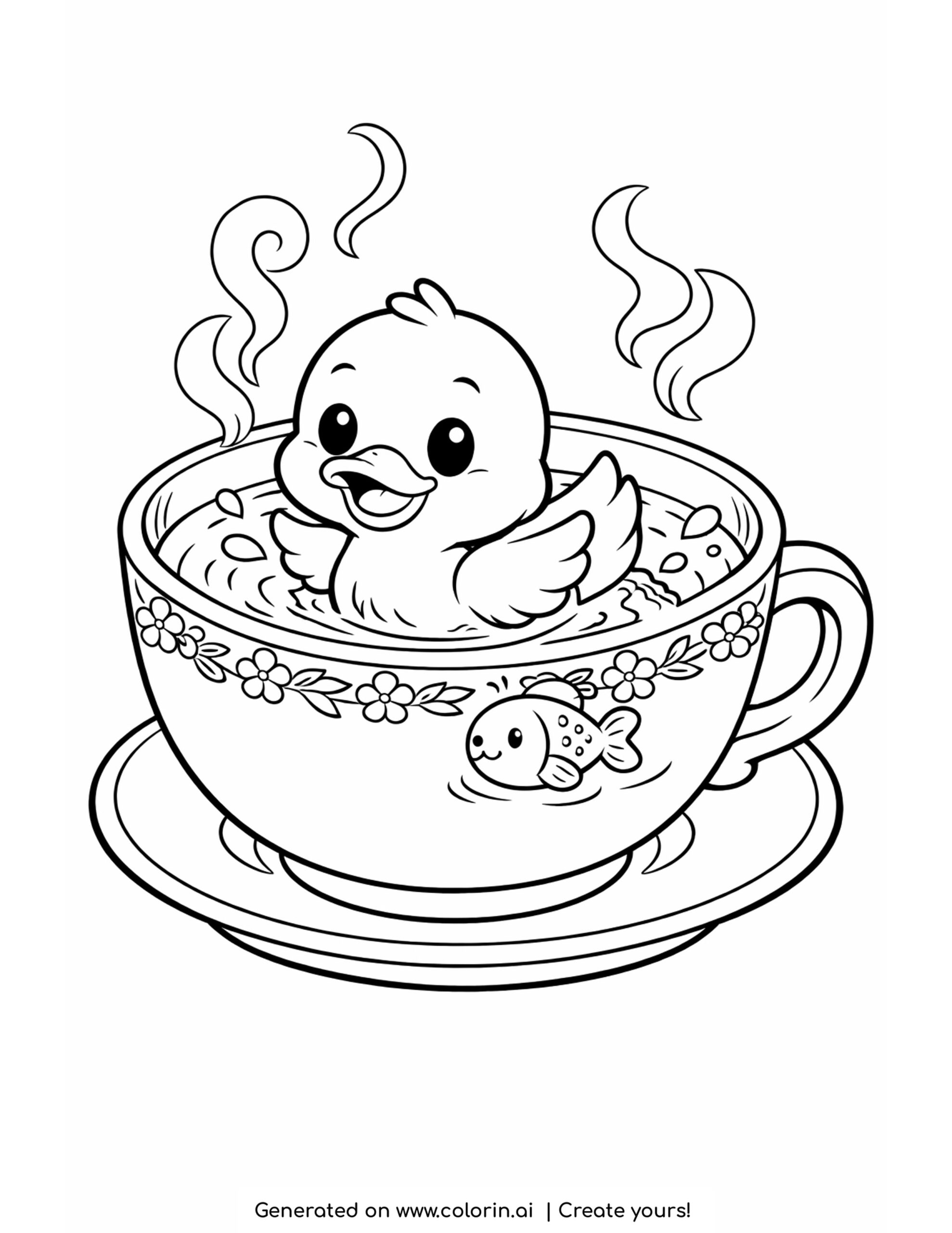 duck swimming in teacup coloring page with steam and tiny fish