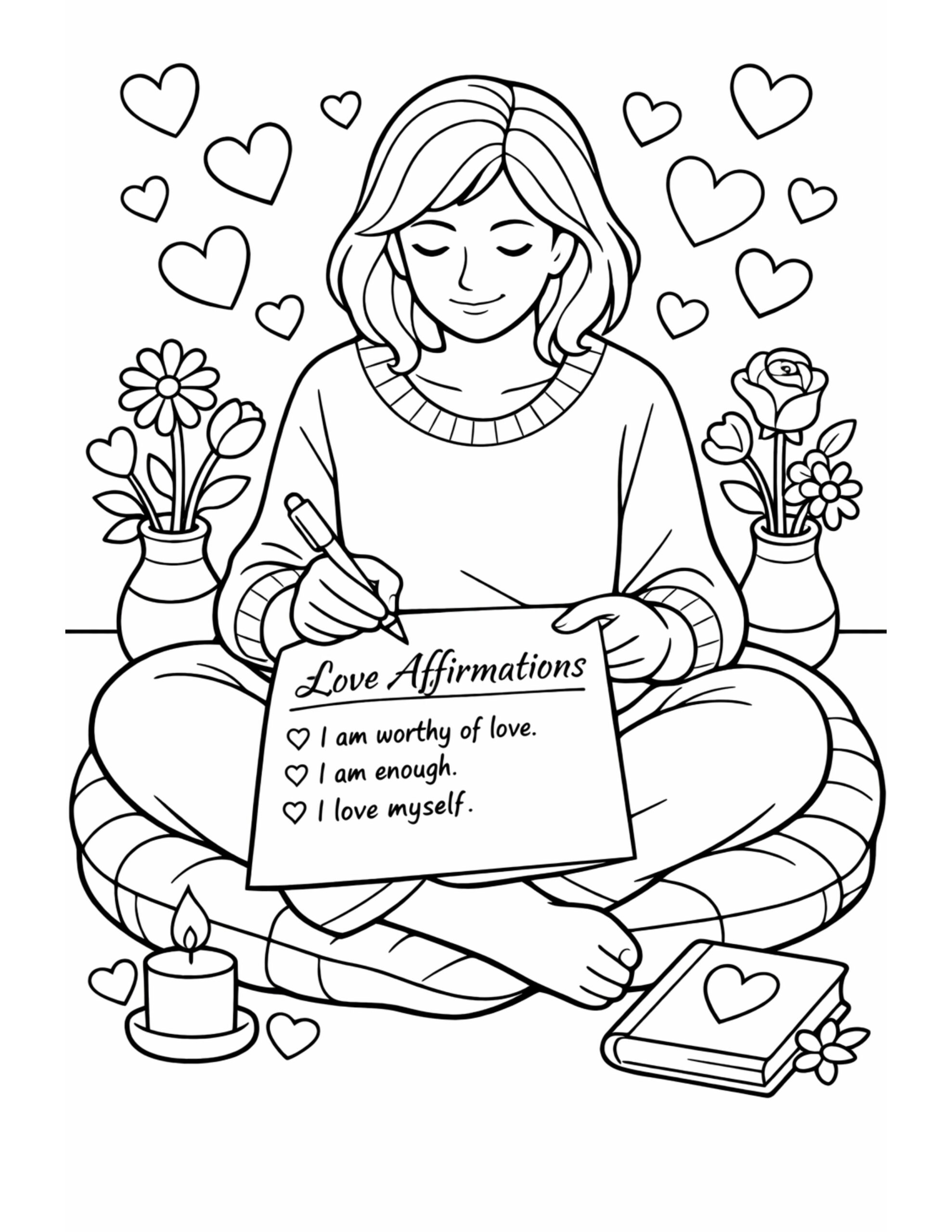 woman writing love affirmations coloring page with floating hearts, flowers, and a candle, cozy scene coloring page