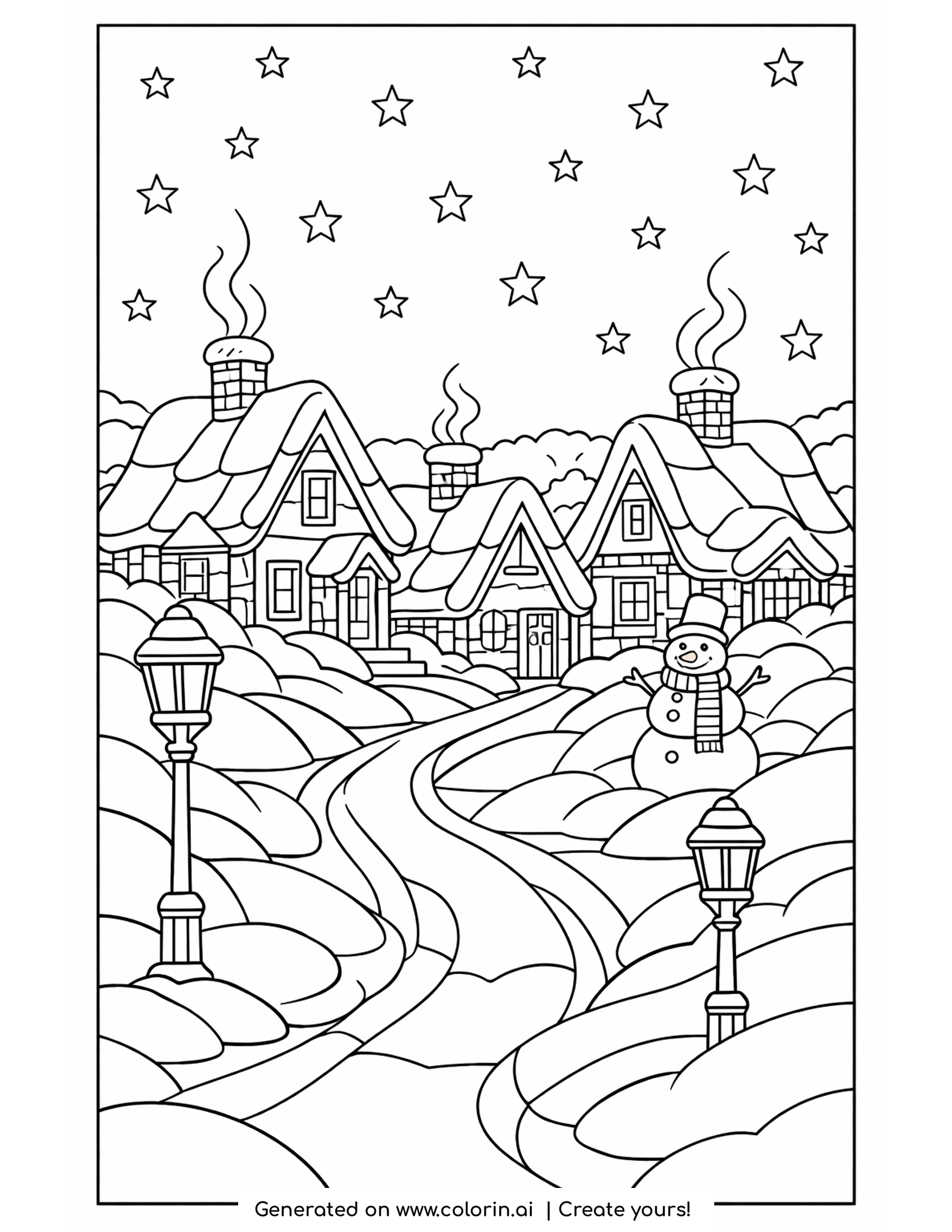 winter scene coloring pages, a snowy village at night with lit houses, lampposts and a snowman