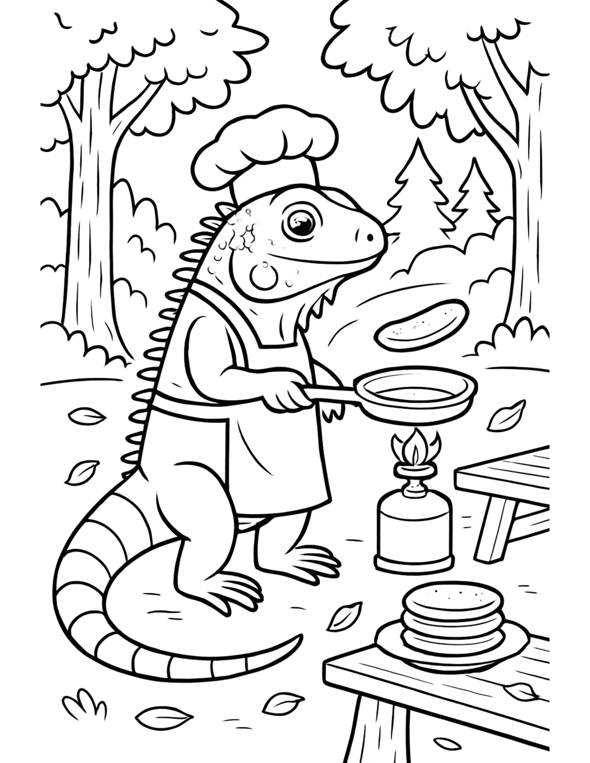 chef lizard flipping pancakes coloring page with a frying pan, small stove flame, picnic tables, and forest backdrop coloring page
