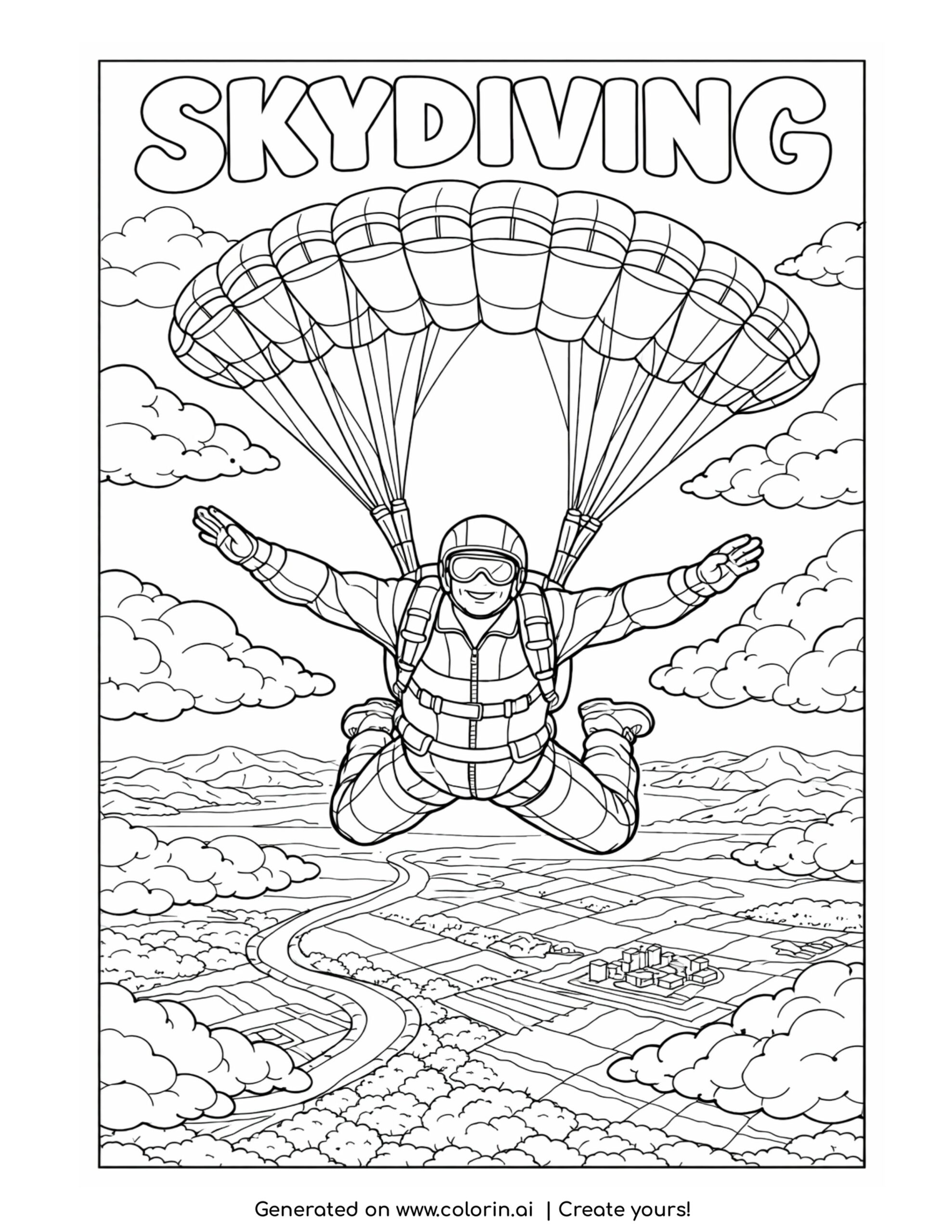 skydiver parachuting over landscape coloring page with open parachute and clouds above fields coloring page