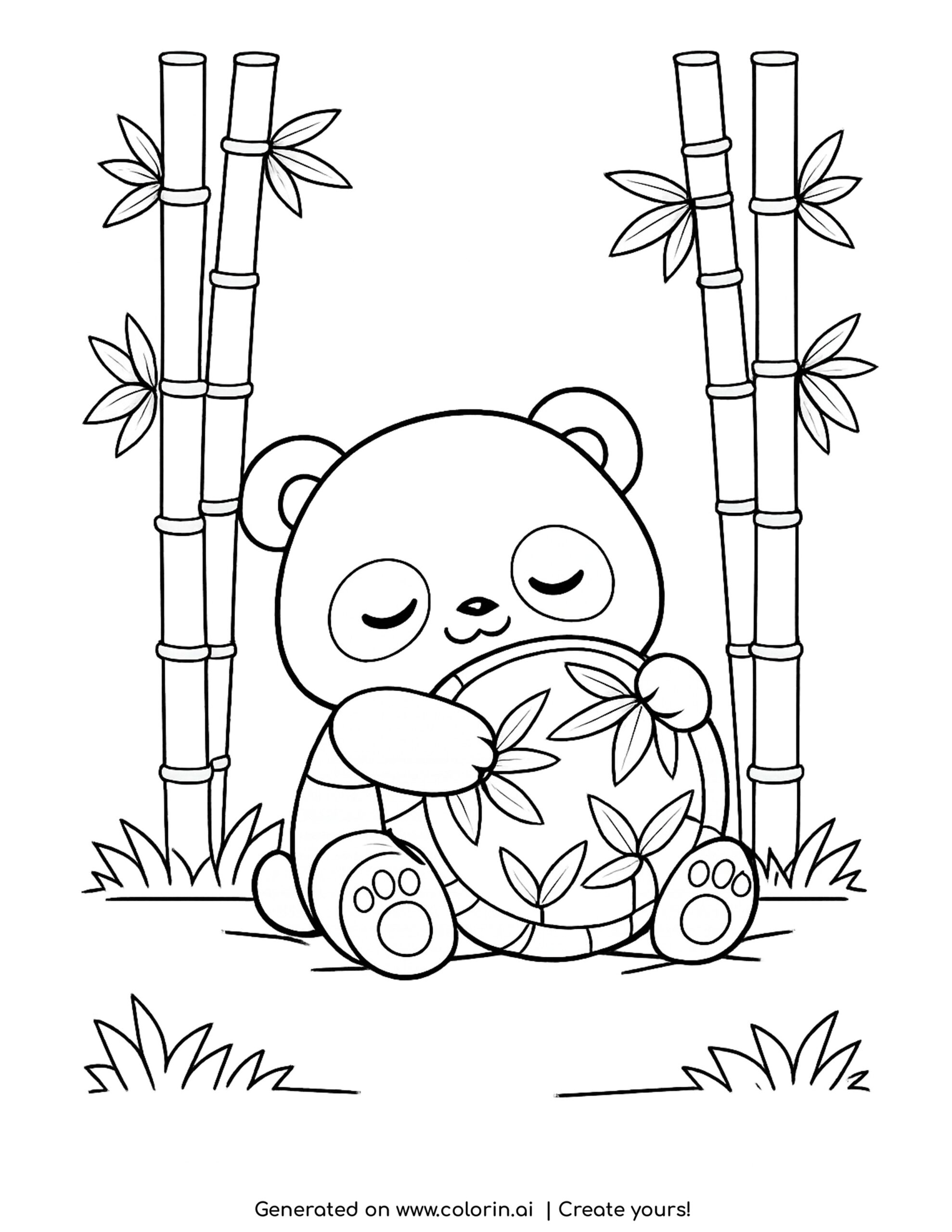 panda coloring pages, a kawaii panda hugging a bamboo leaf pillow between bamboo stalks