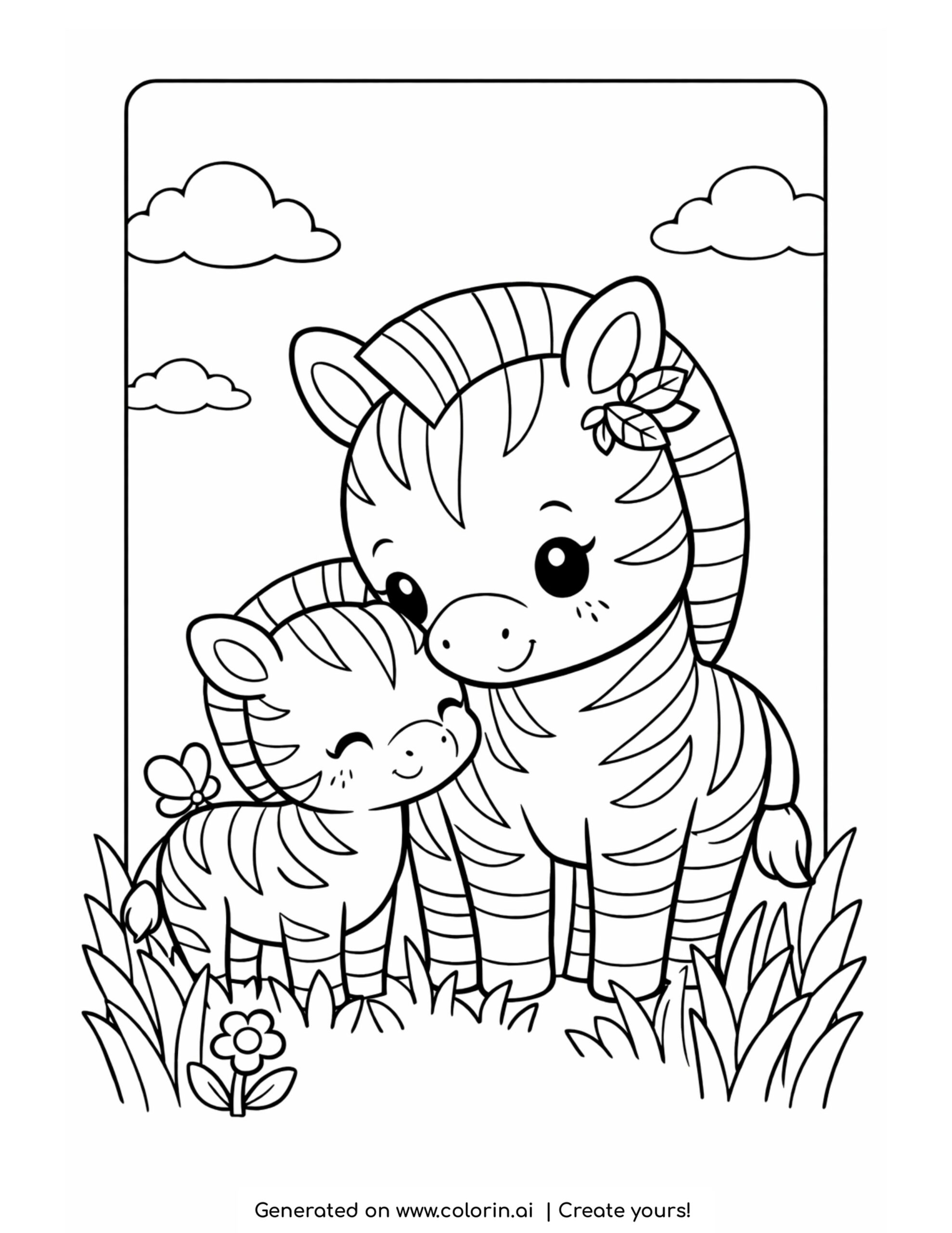 zebra coloring pages, a baby zebra cuddling its mother with a butterfly