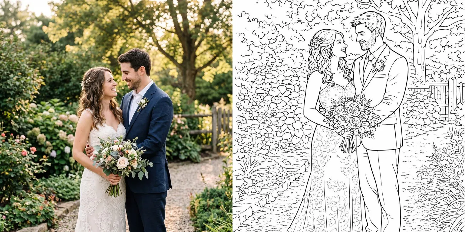 A wedding photo of a couple in a garden on the left, and the coloring page Colorin AI made from it on the right, in the Minimalist style