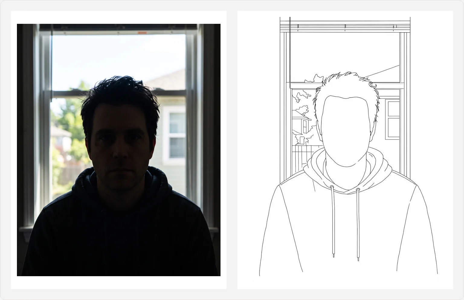 A backlit photo of a man against a bright window on the left, and the page made from it on the right: hair, hoodie and window, with an empty face