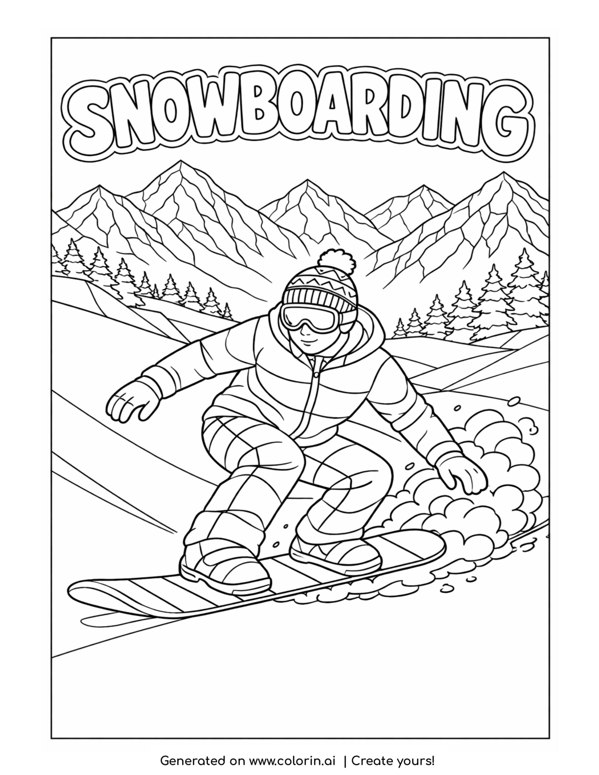 snowboarder sliding down snowy slope coloring page with mountains and snow trail coloring page
