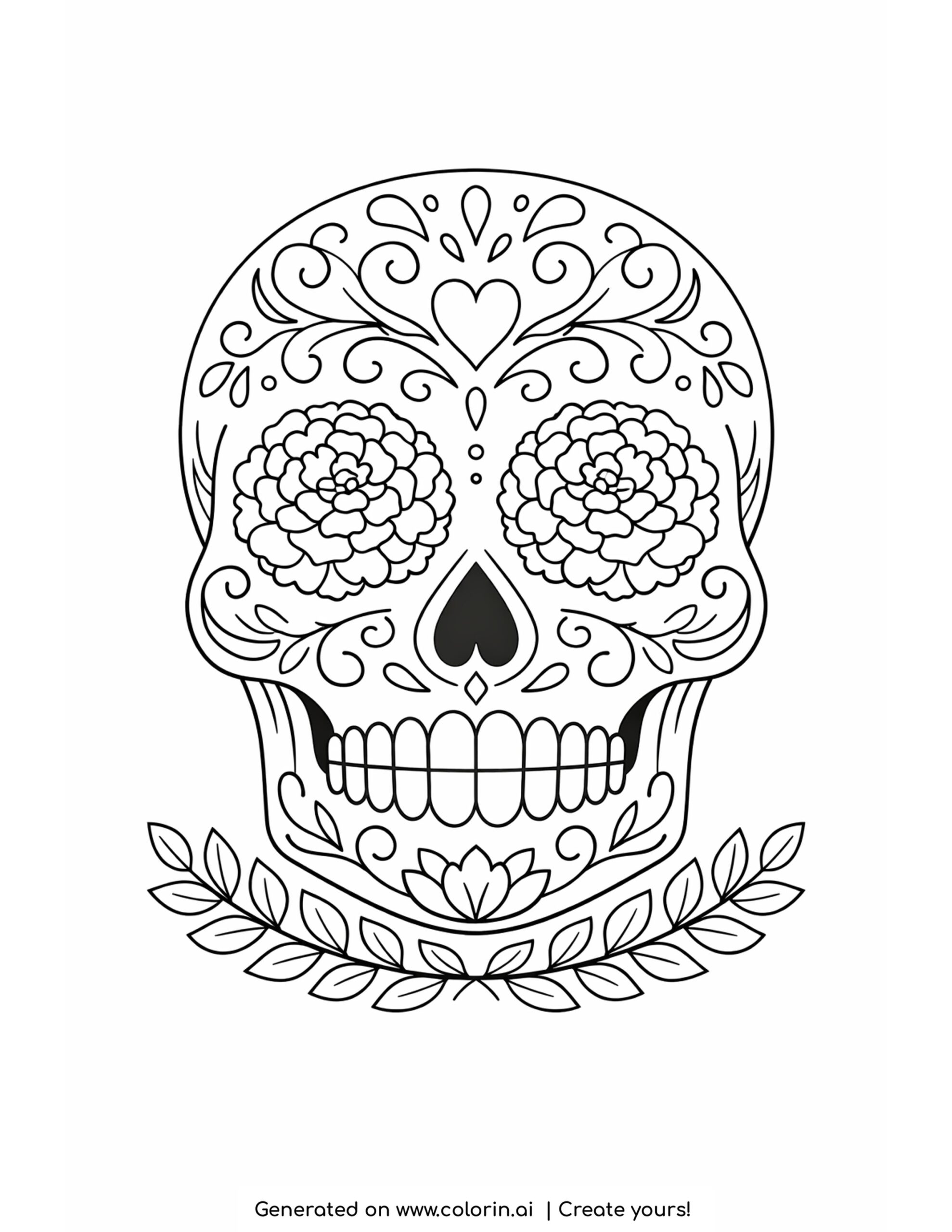 sugar skull coloring pages, a decorated calavera with marigold flower eyes, swirls, and a leaf wreath