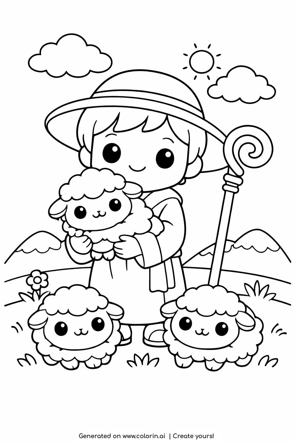 children's bible coloring pages, young Good Shepherd holding a fluffy lamb with two lambs on a grassy hill
