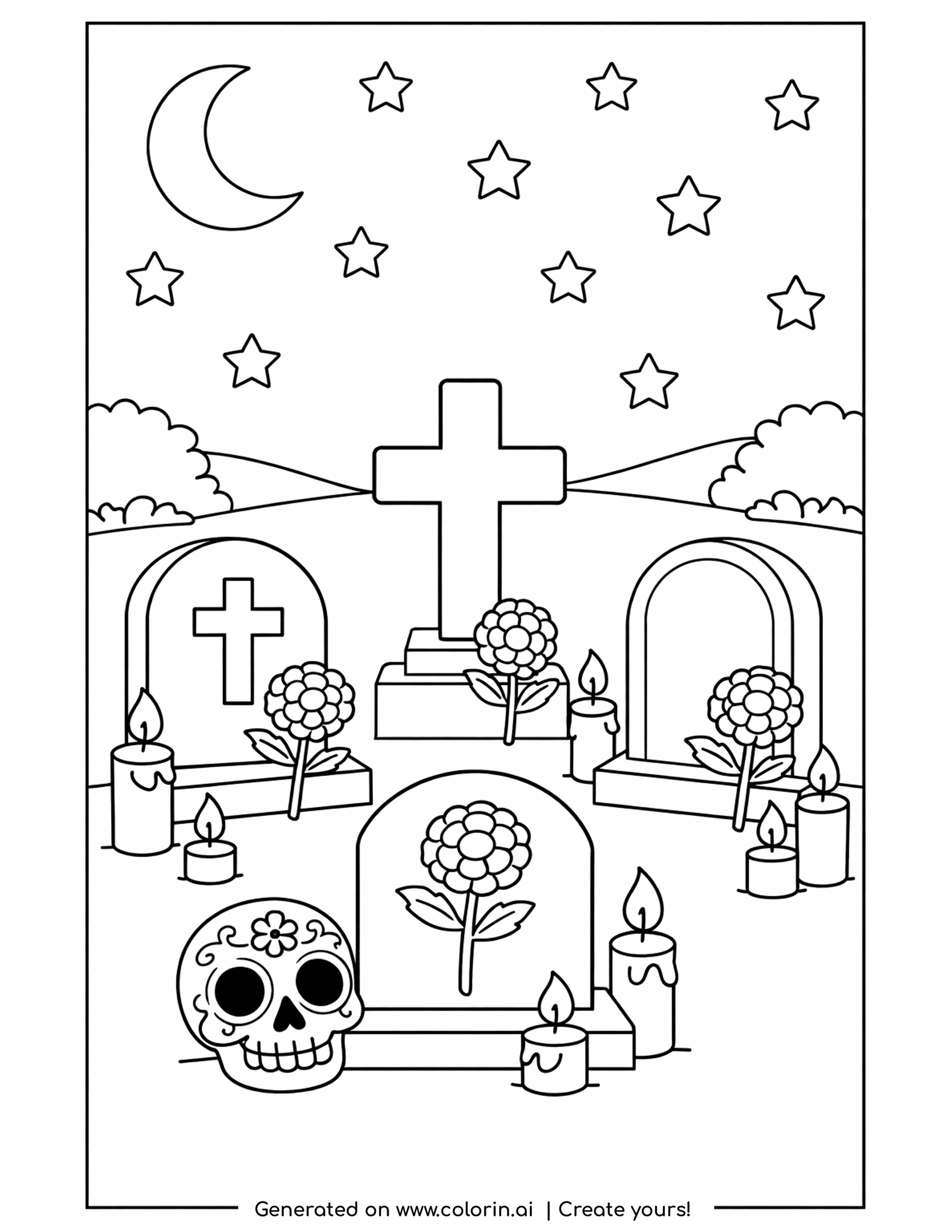 cemetery coloring pages, candlelit cemetery vigil with headstones, marigolds, a sugar skull and a starry sky