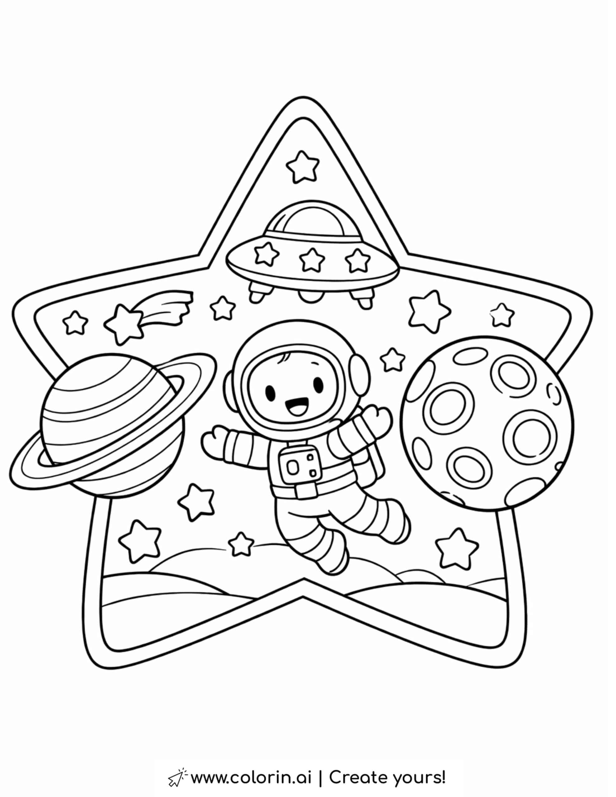astronaut floating in space inside star frame coloring page