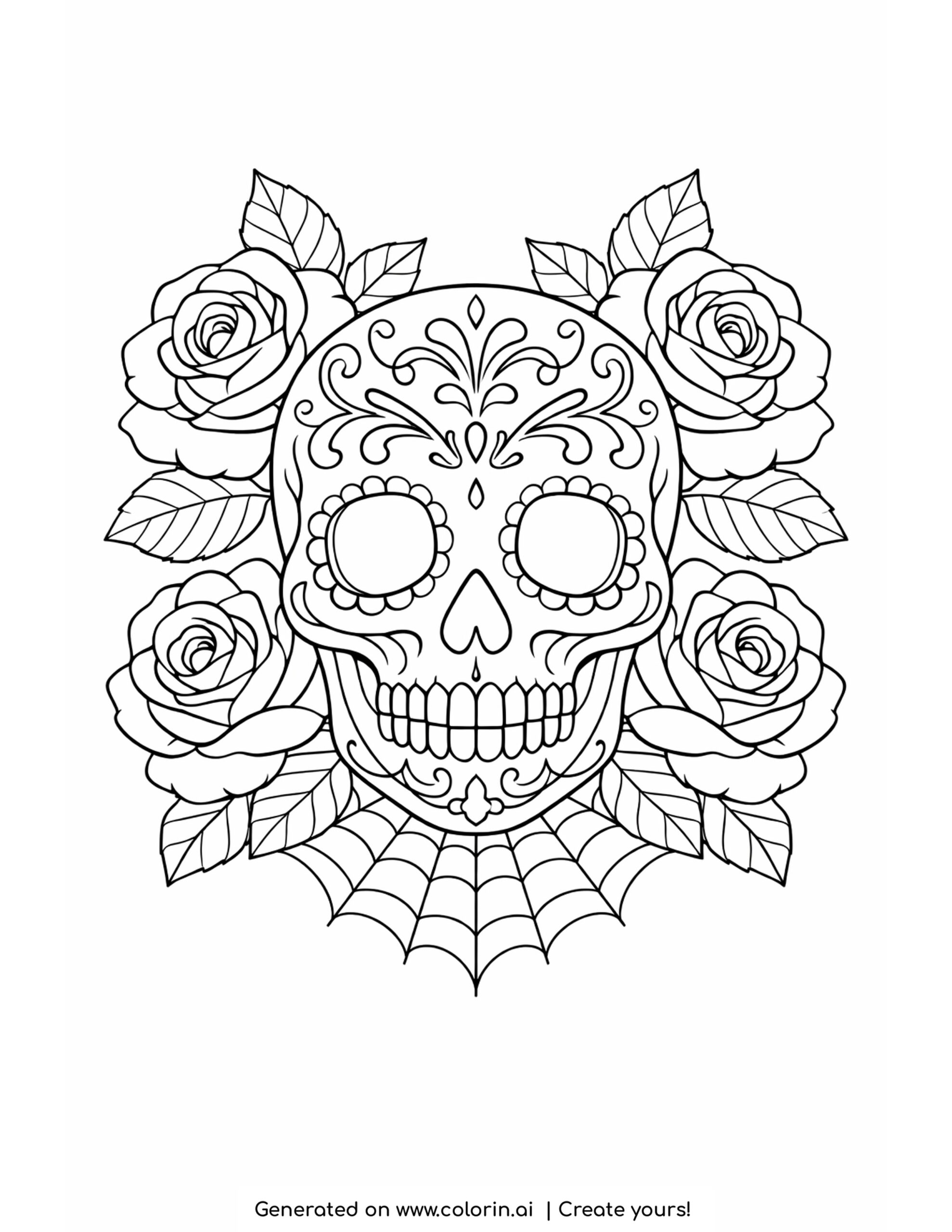 skull coloring pages, an ornate skull surrounded by roses and leaves with a spider web below