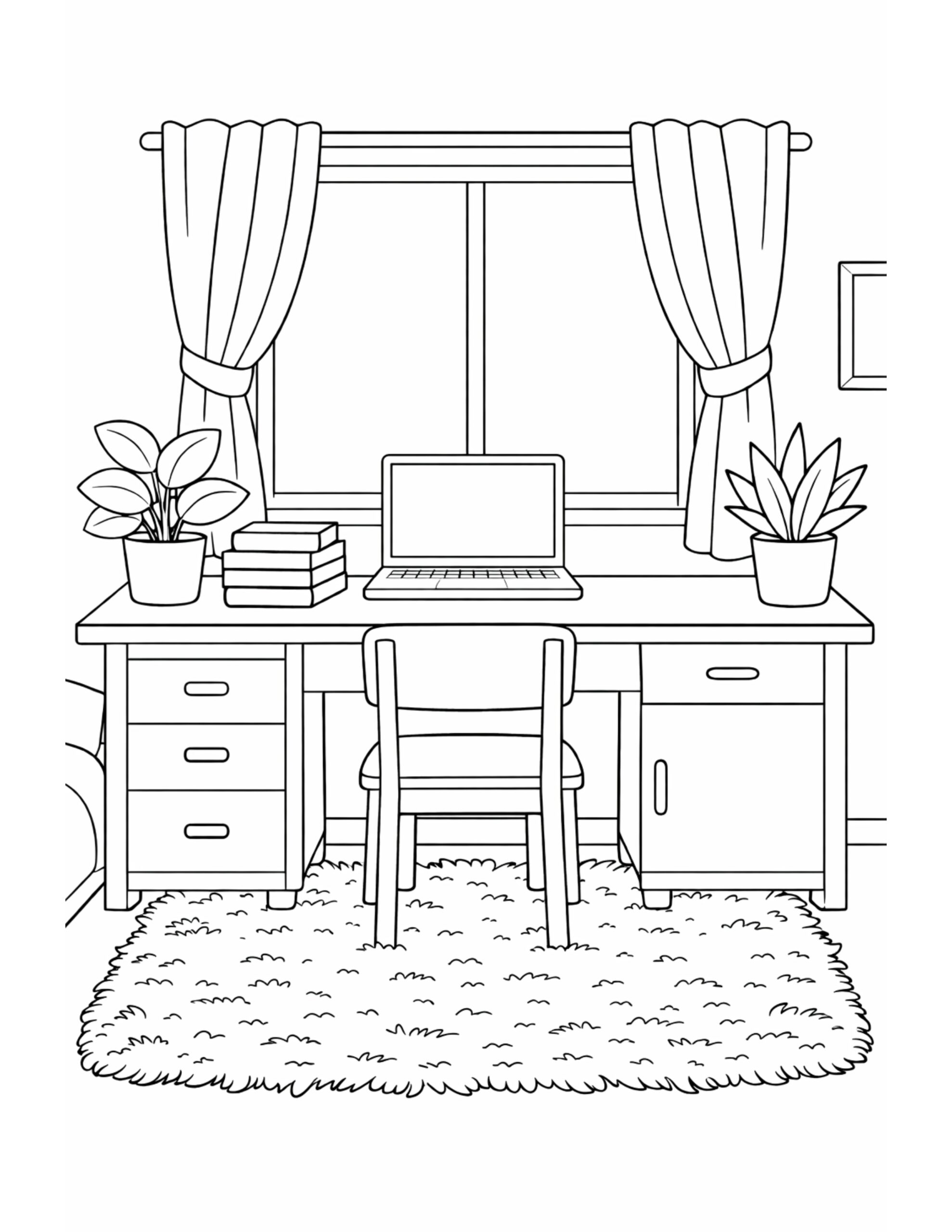 home office desk with laptop coloring page showing curtains, books, plants, and a soft rug