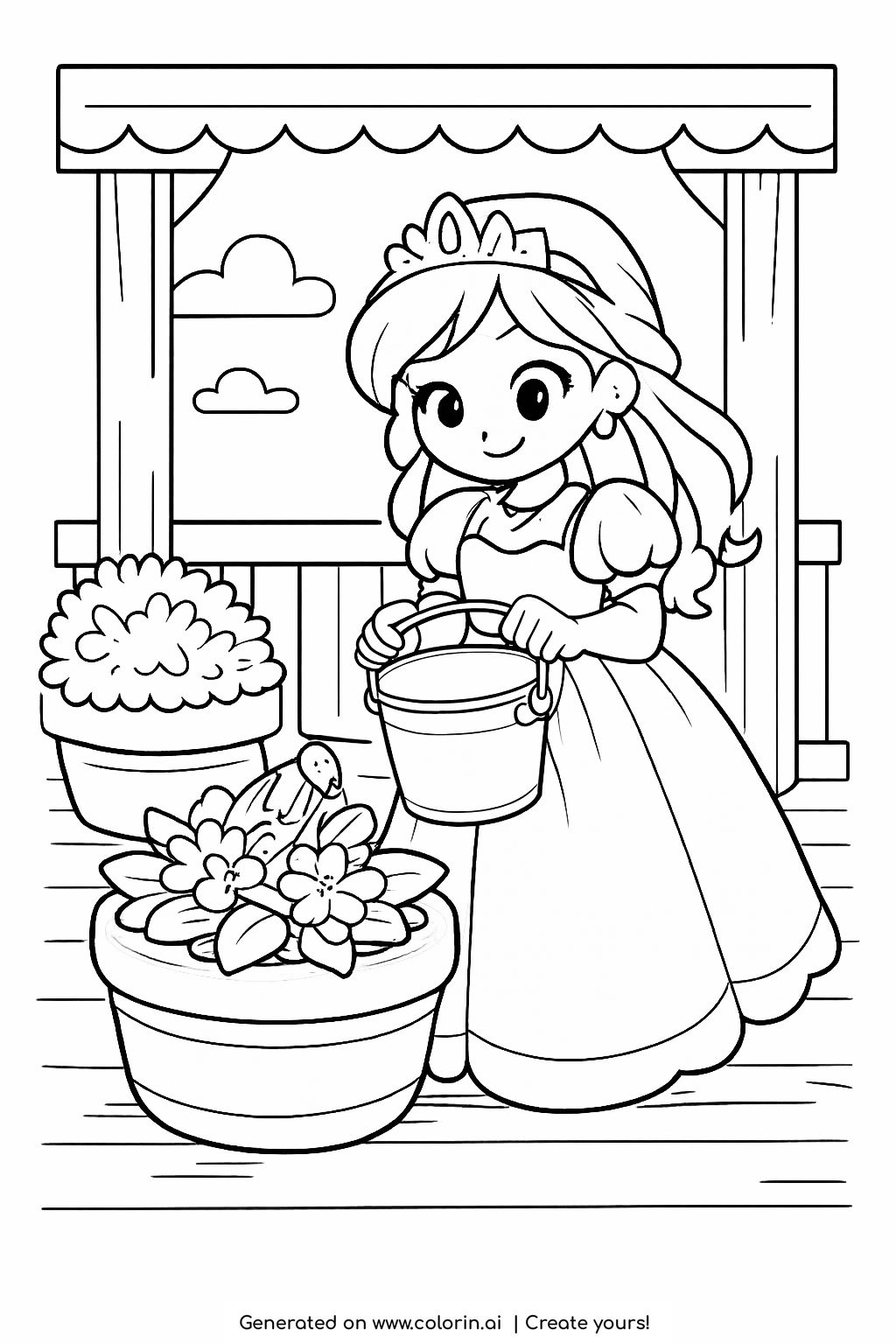 princess watering plants on porch coloring page with flower pots and wooden floor