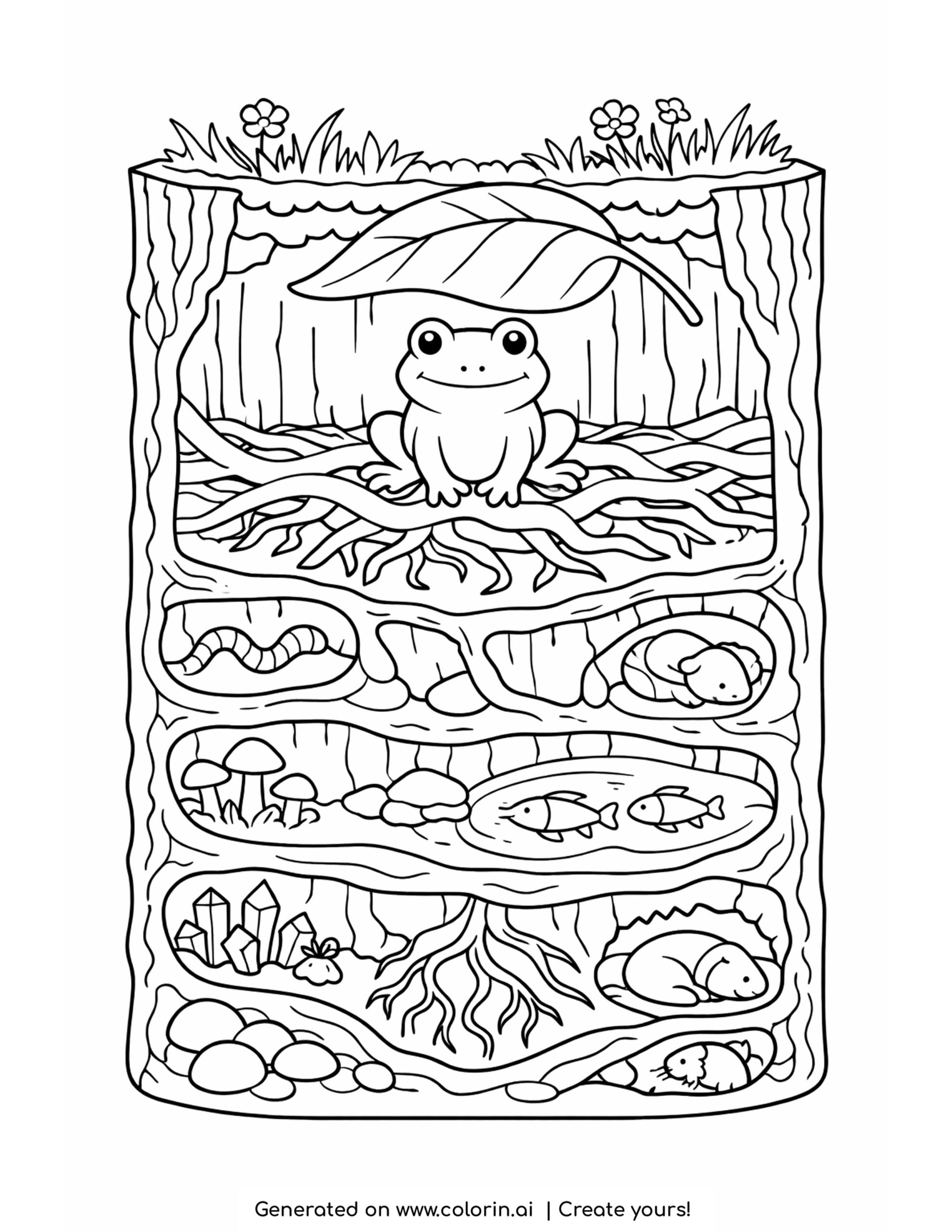 frog sitting on tree roots layers coloring page with underground tunnels plants and animals illustration coloring page