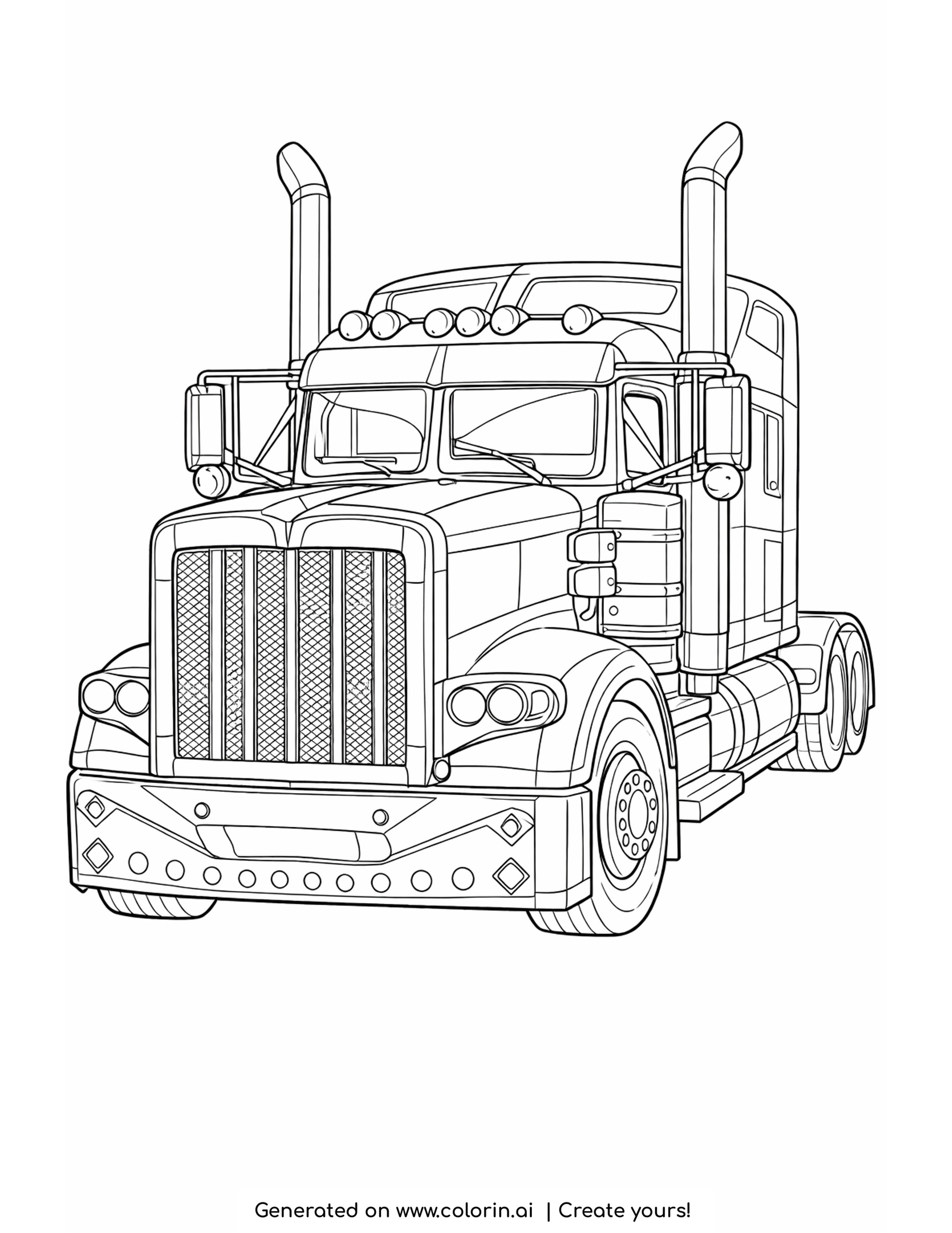 detailed semi truck coloring pages: a long nosed semi with a chrome mesh grille and twin exhaust stacks