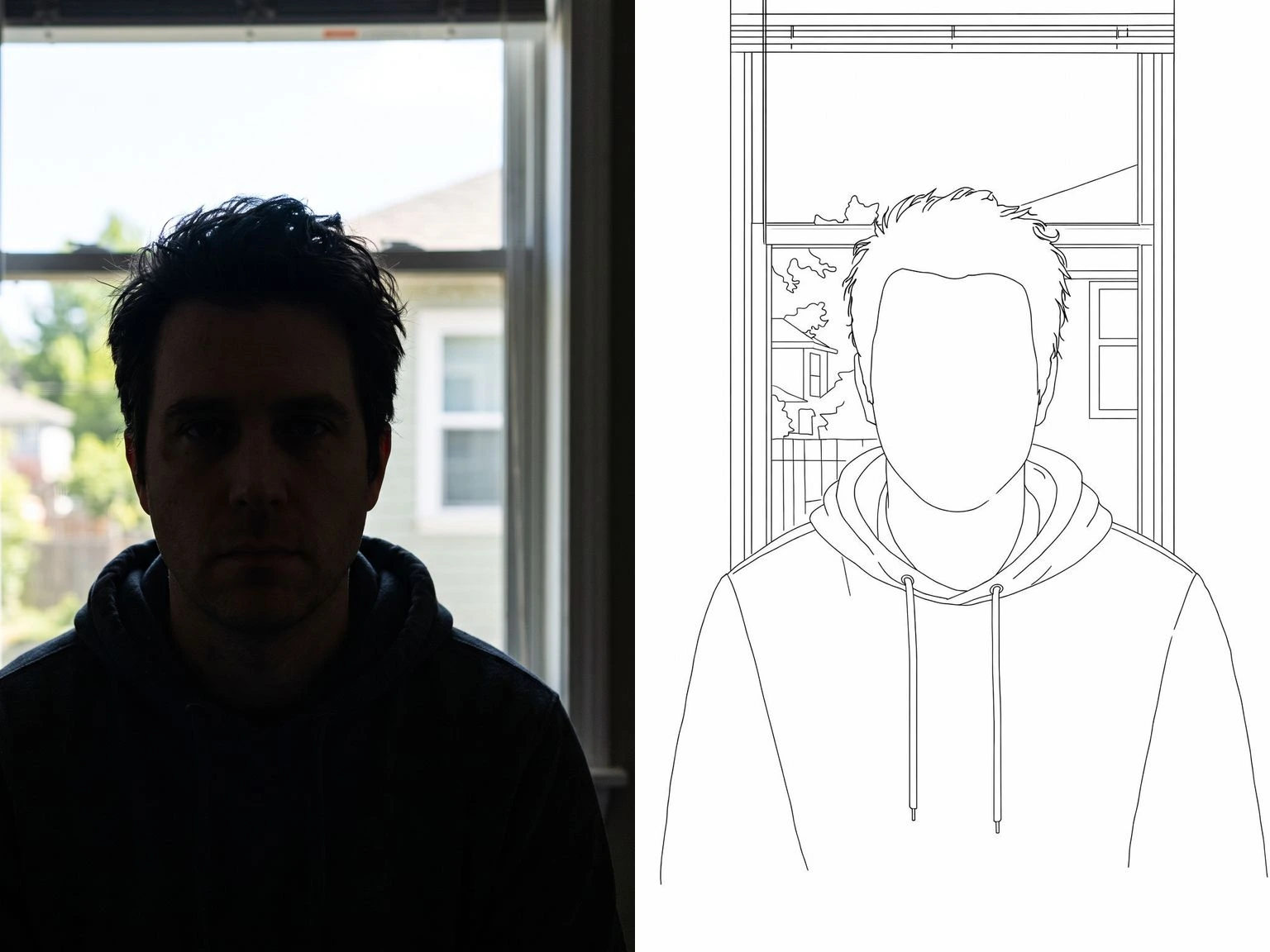 A backlit photo of a man against a bright window on the left, and the page made from it on the right: hair, hoodie and window, with an empty face