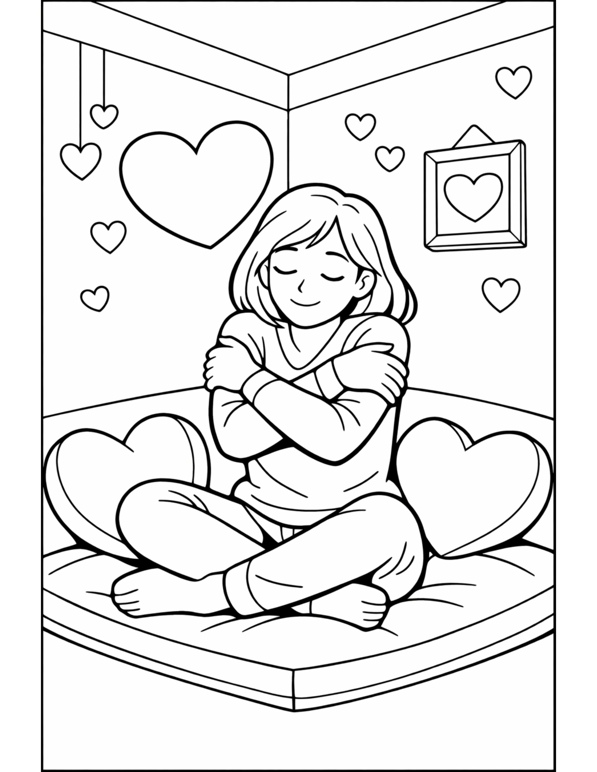girl self hug with hearts coloring page with a cozy bed scene, hanging hearts, and framed heart wall art