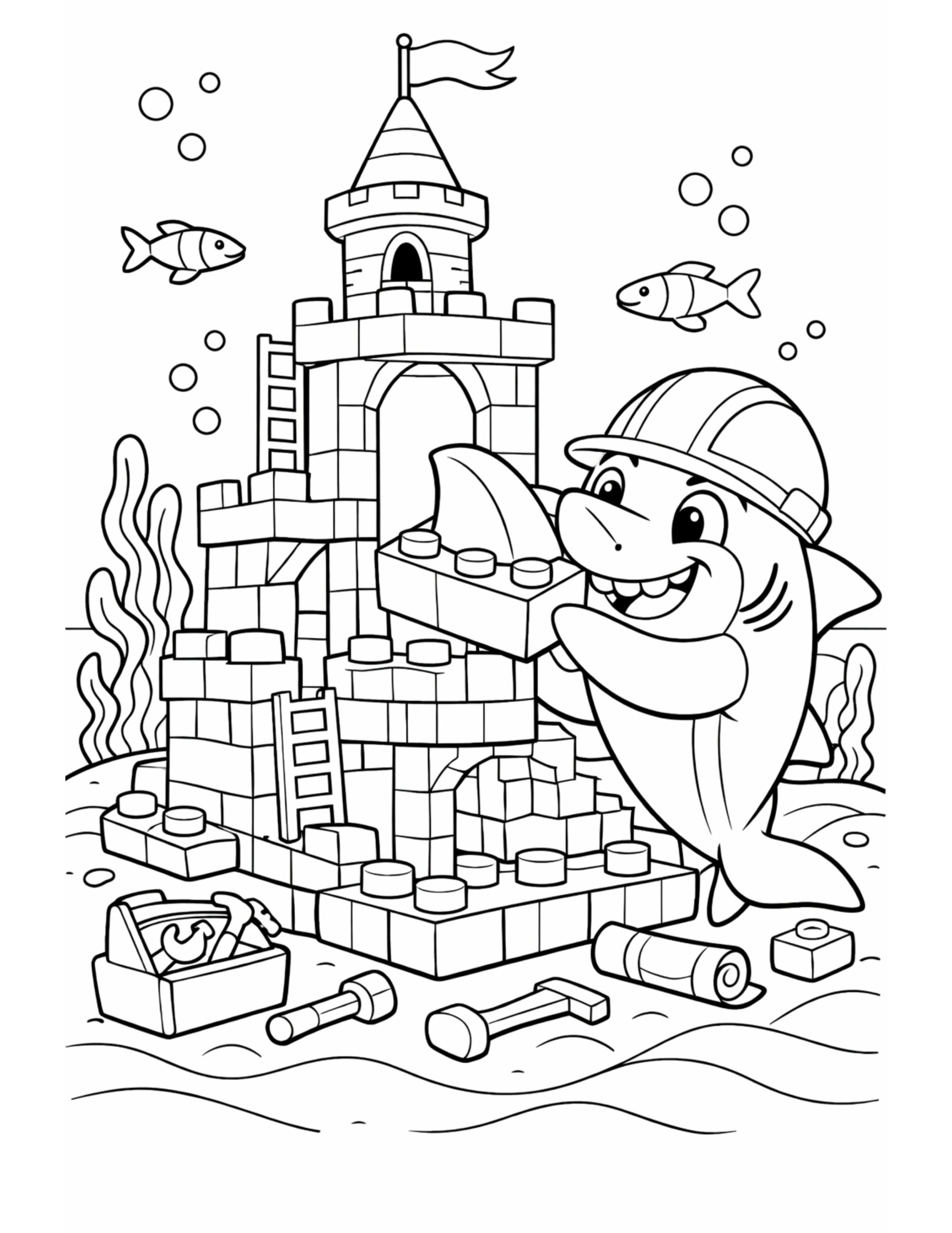 shark building a block castle coloring page with a hard hat, toy bricks, bubbles, and sea plants coloring page