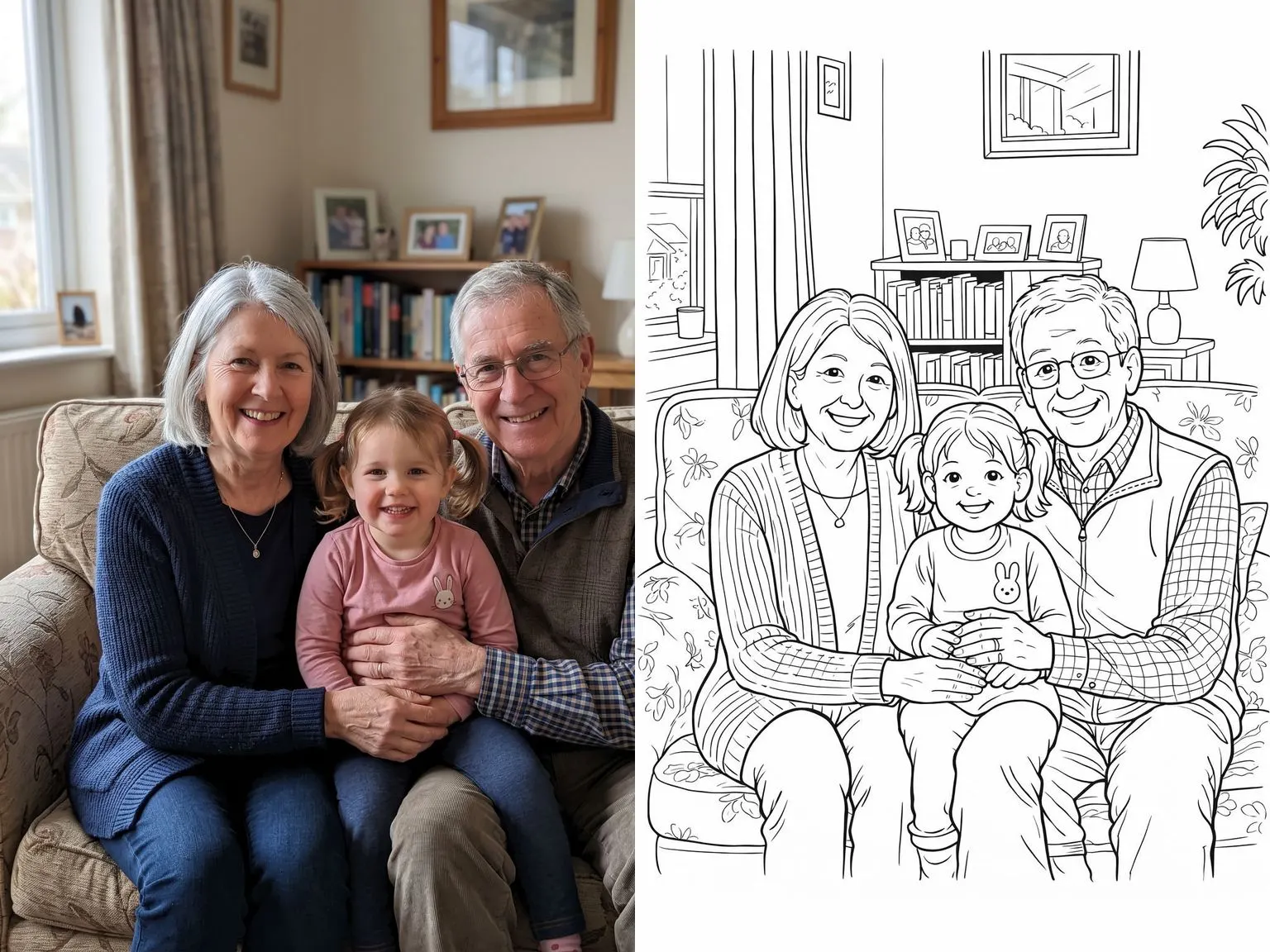 A photo of grandparents with a young girl on a sofa on the left, and the coloring page made from it on the right, with the three faces and the living room drawn
